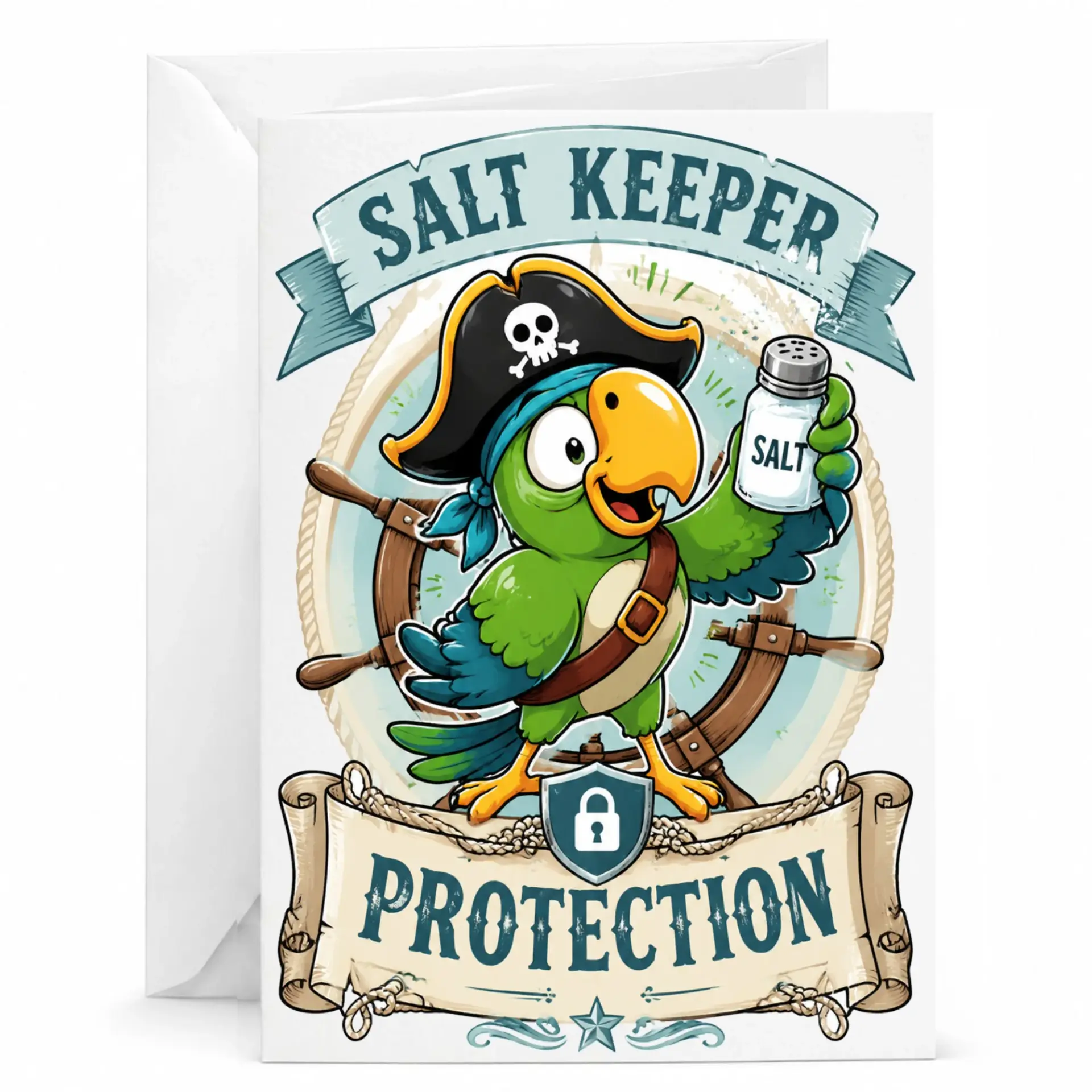 Funny Salt Keeper Protection Greeting Card with Envelope, Pirate Parrot Design for Birthday or Just Because Occasions