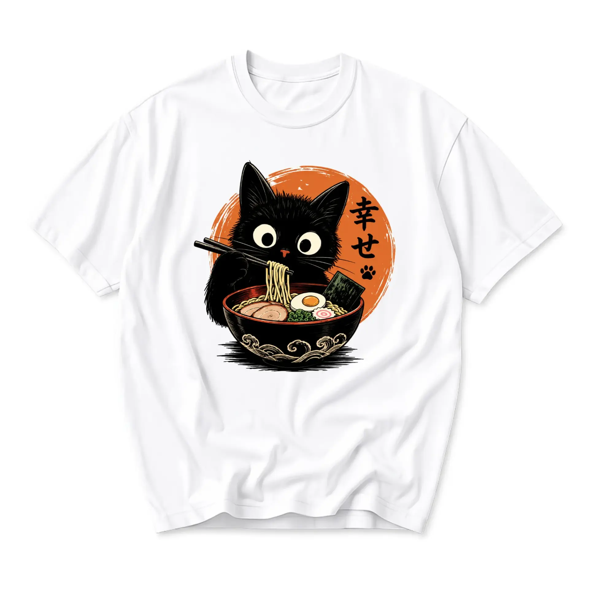 Graphic Tee Unisex Black Cat Eating Ramen Noodles Japanese Style Illustration Casual Crew Neck Short Sleeve Shirt