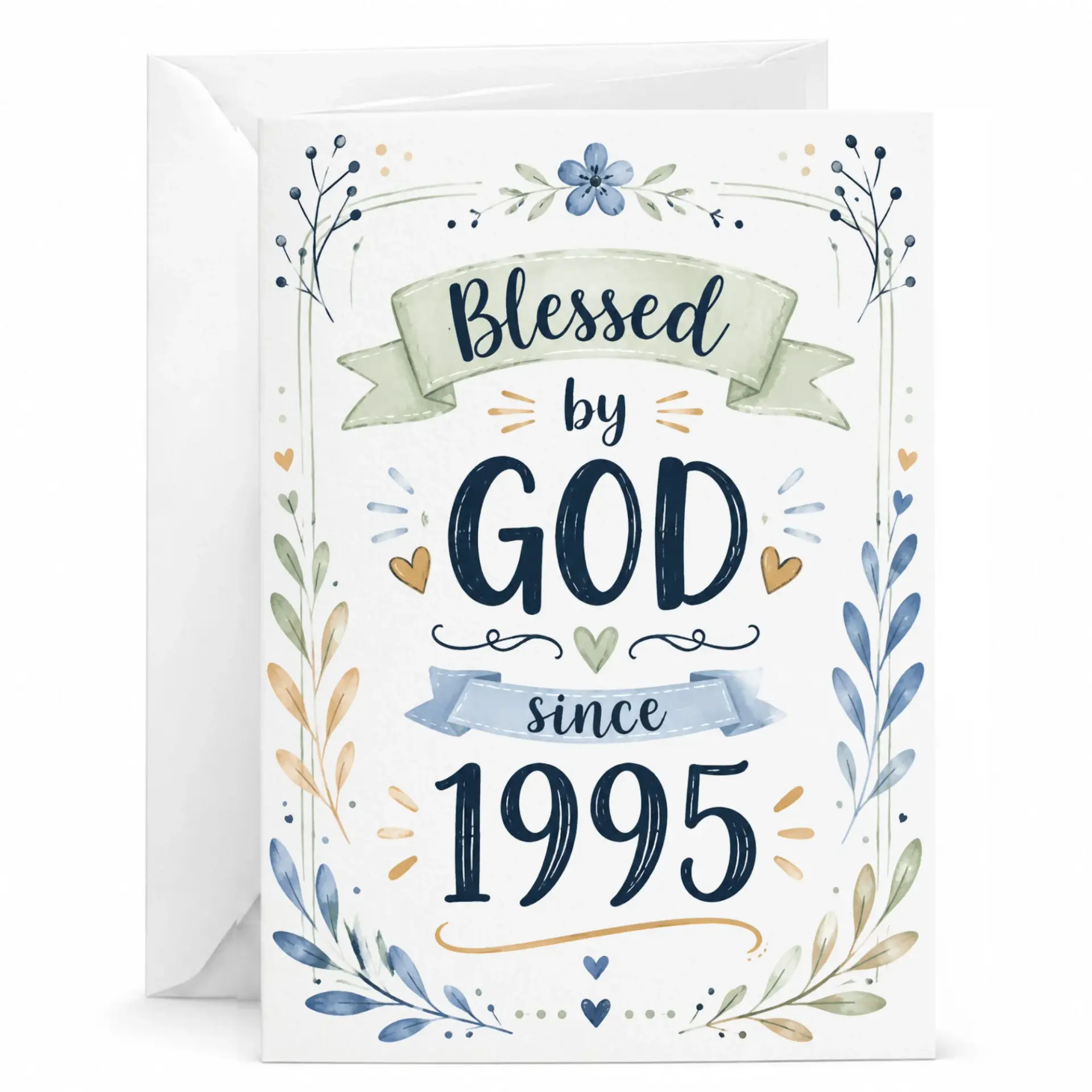 Birthday Greeting Card Blessed by God Since 1995 Elegant Floral Design Folded Stationery for Special Milestone Celebrations