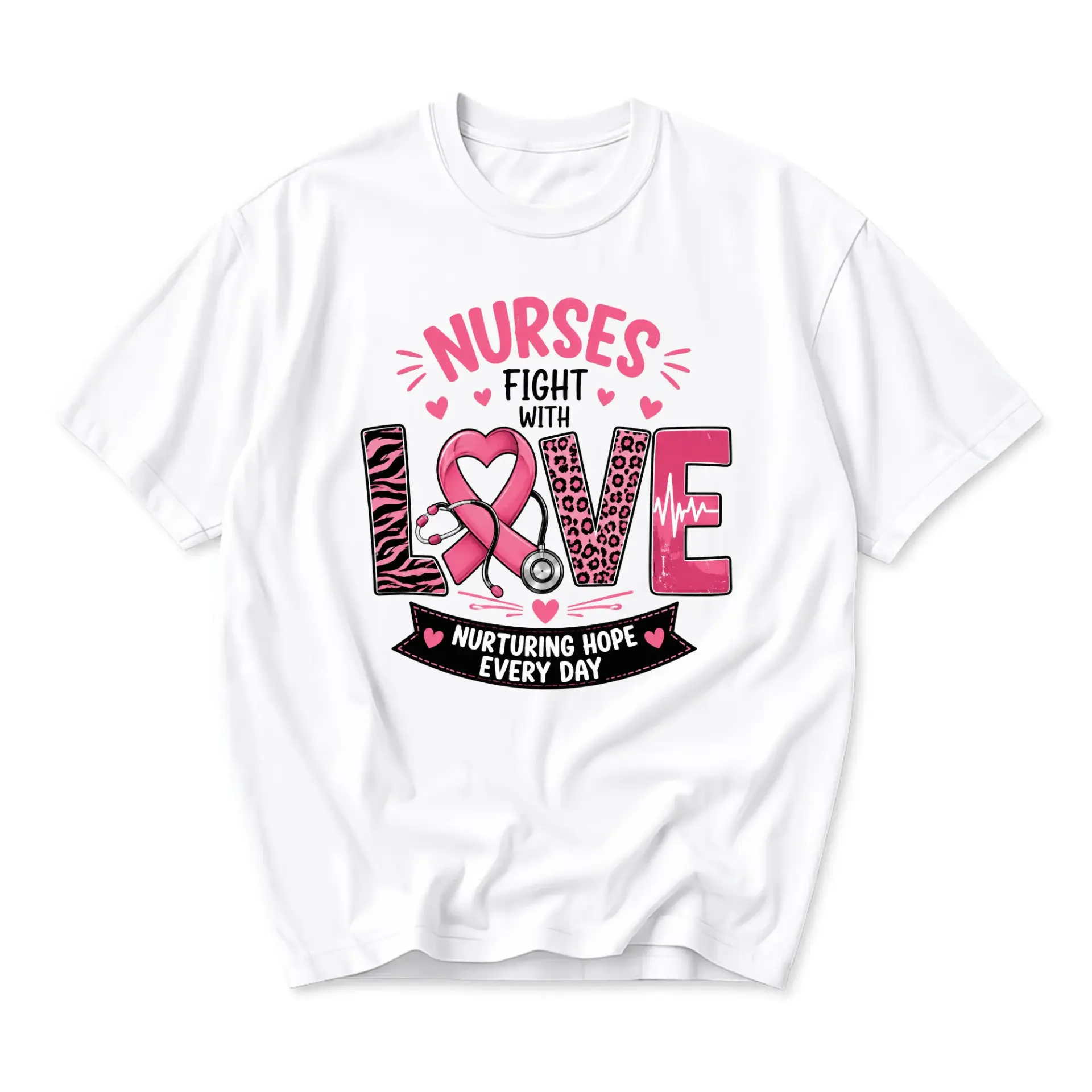 Graphic Tee Nurses Fight with Love Nurturing Hope Every Day T-Shirt for Medical Professionals and Healthcare Supporters