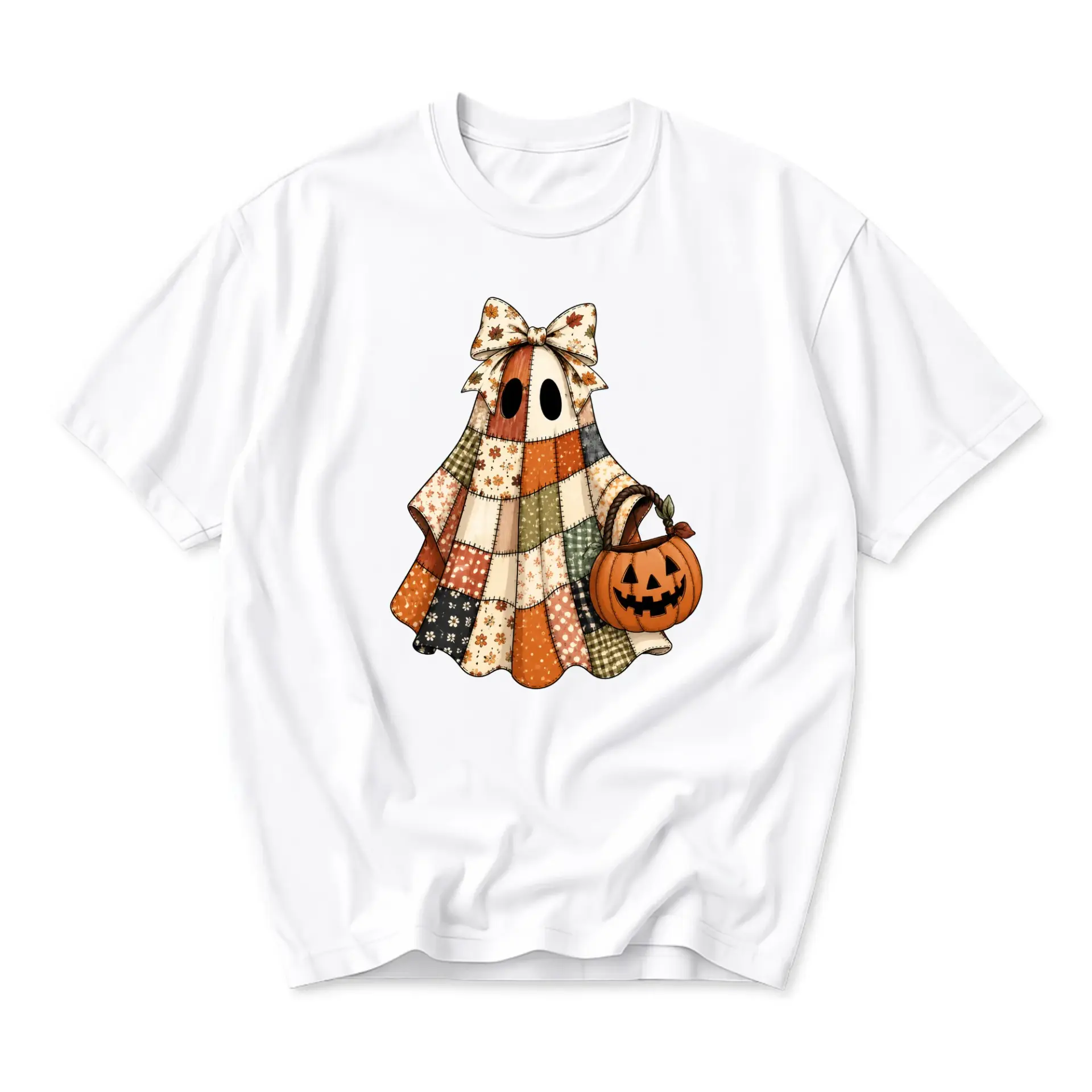 Funny Shirt Patchwork Ghost Graphic Tee Featuring Cute Halloween Pumpkin Basket Design Casual Unisex Crew Neck