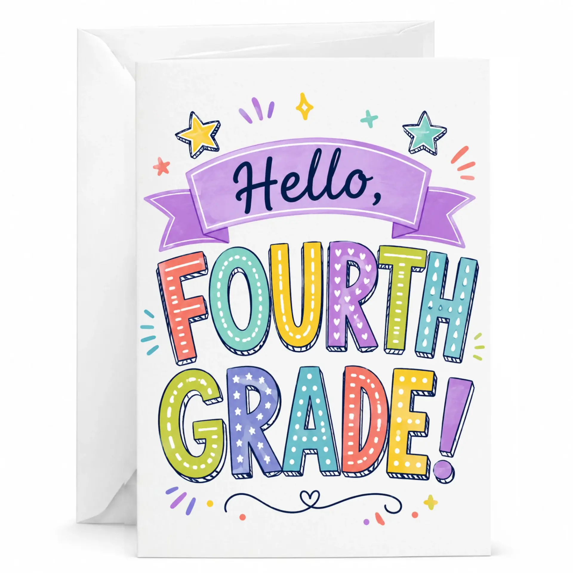 Greeting Card Hello Fourth Colorful Design Stationery Folded Note with Matching Envelope 5x7 Inches