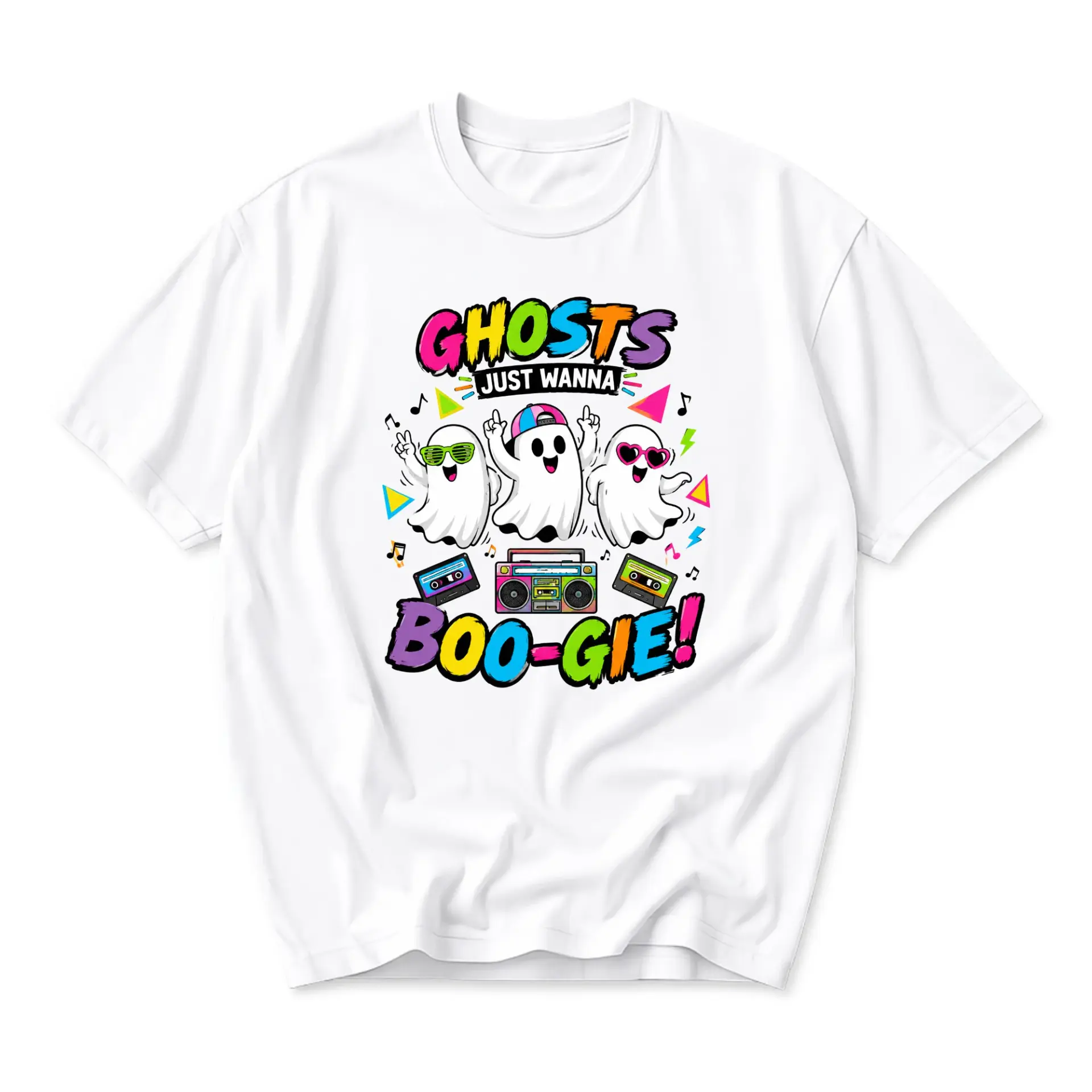 Funny Shirt Ghosts Just Wanna Boo-Gie Graphic Tee Retro 90s Style Music Dancing Spooky Casual Unisex Crew Neck T-Shirt