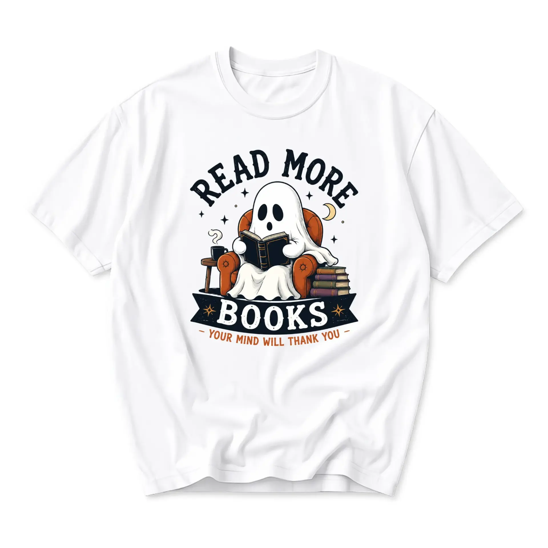 Graphic Tee Read More Books Ghost Reading in Armchair Funny Unisex Short Sleeve Crew Neck Cotton Casual Shirt