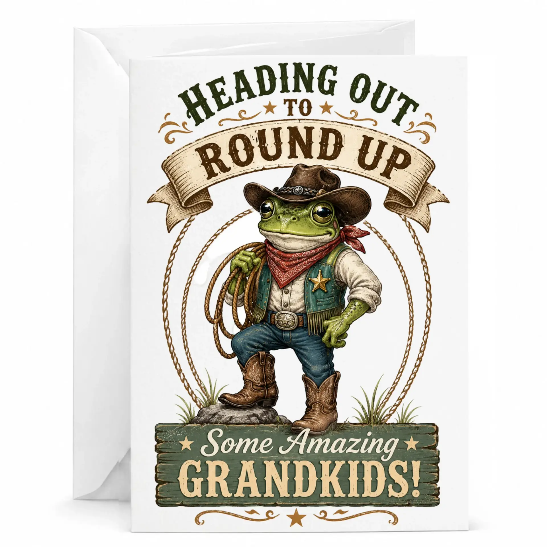 Funny Cowboy Greeting Card Heading Out to Some Grandkids Themed Note for Grandparents