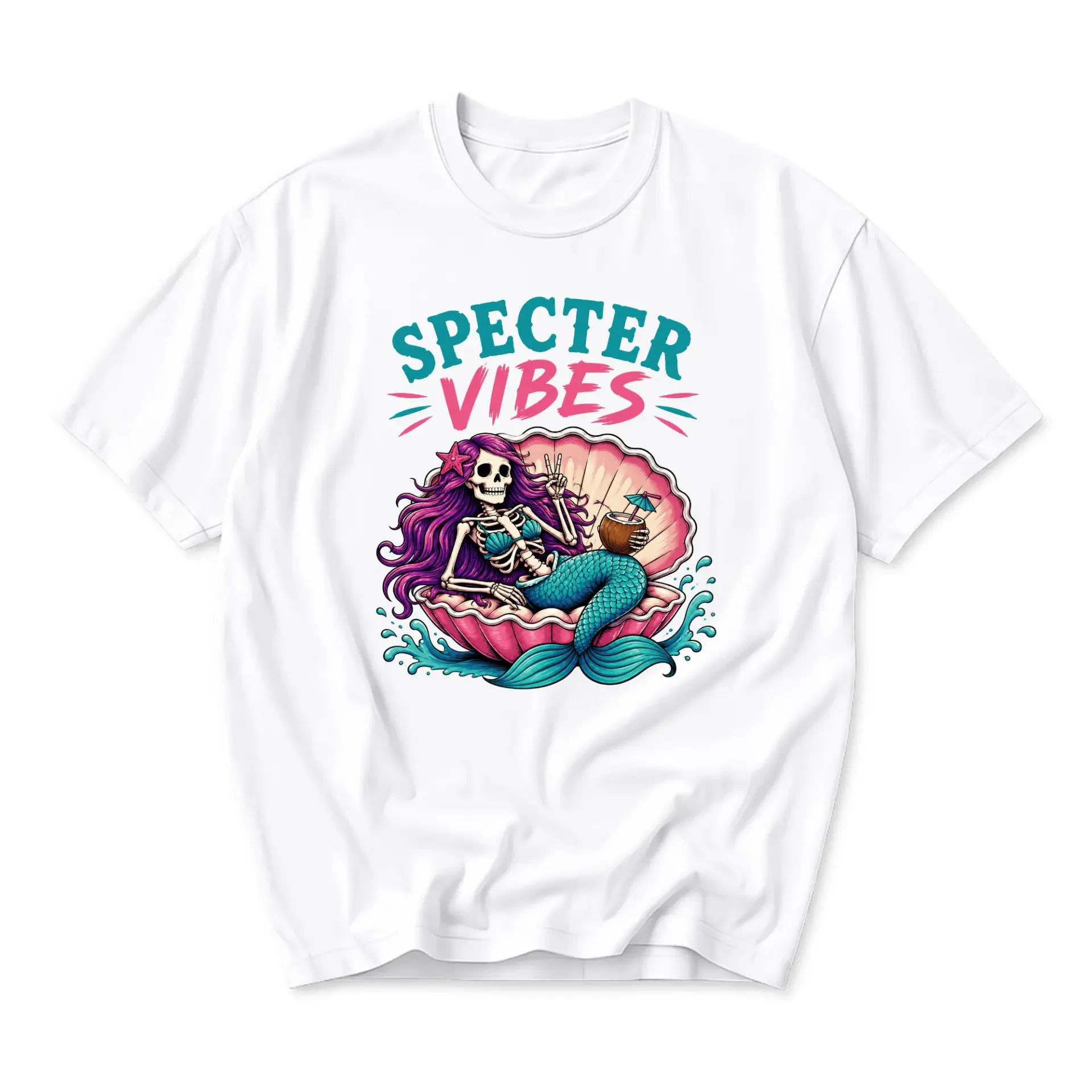 Graphic Tee Specter Vibes Skeleton Mermaid Print Casual Unisex Short Sleeve Crew Neck Cotton Blend Soft Shirt