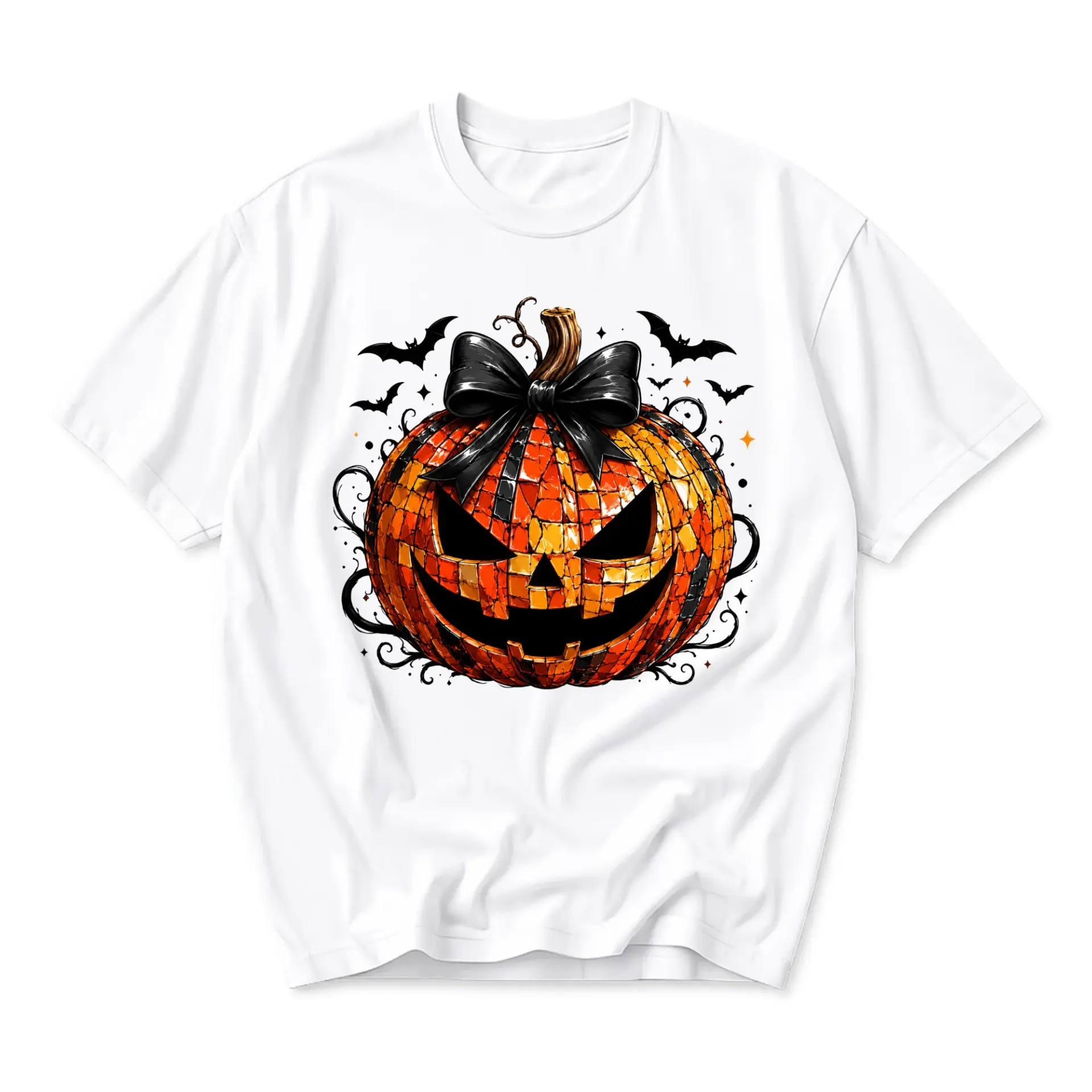 Graphic Tee Unisex Crew Neck T-Shirt Featuring Stained Glass Style Pumpkin Art with Black Bow for Seasonal Style