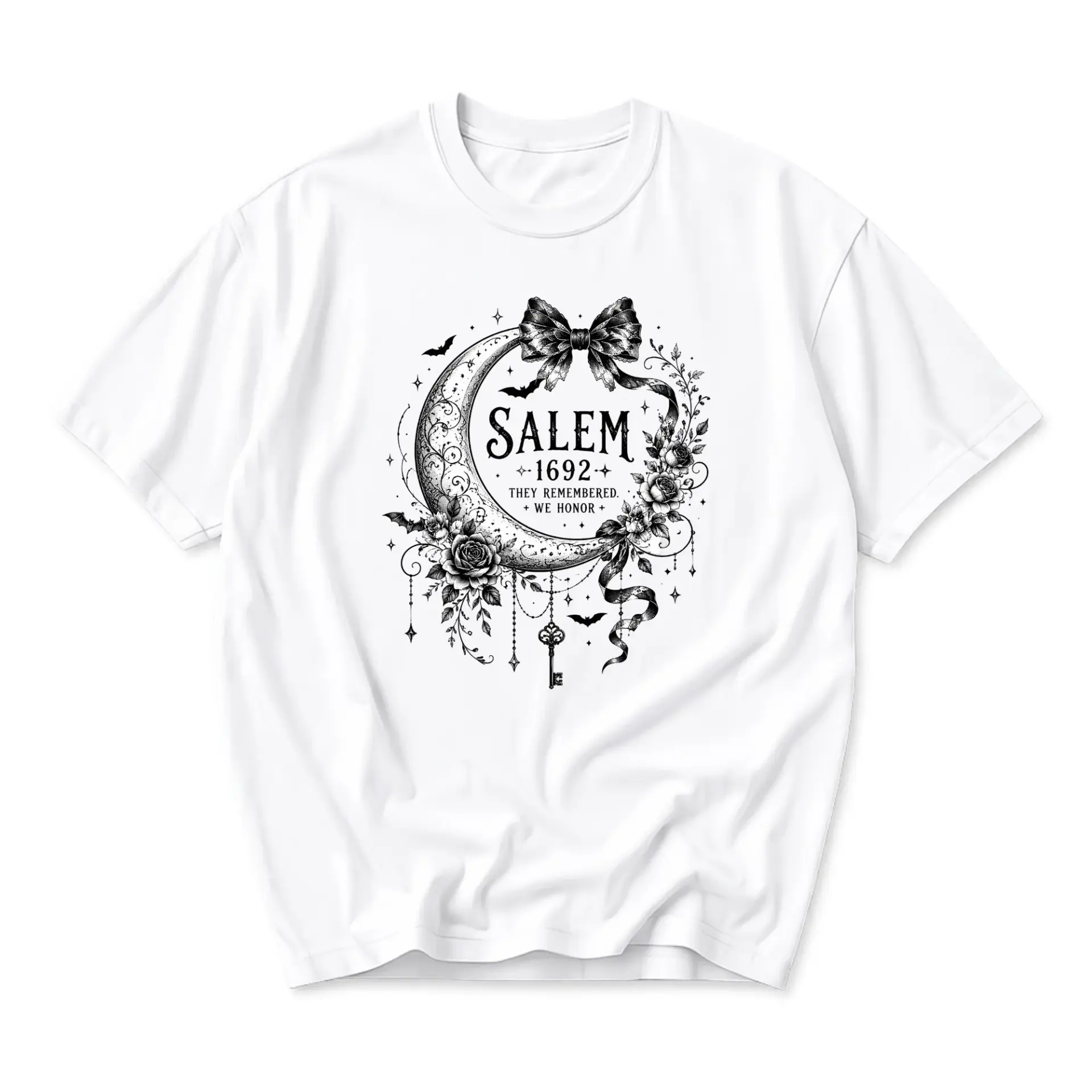 Graphic Tee Salem 1692 Crescent Moon Floral Bow Illustration Unisex Casual Crew Neck Soft Cotton Short Sleeve Shirt