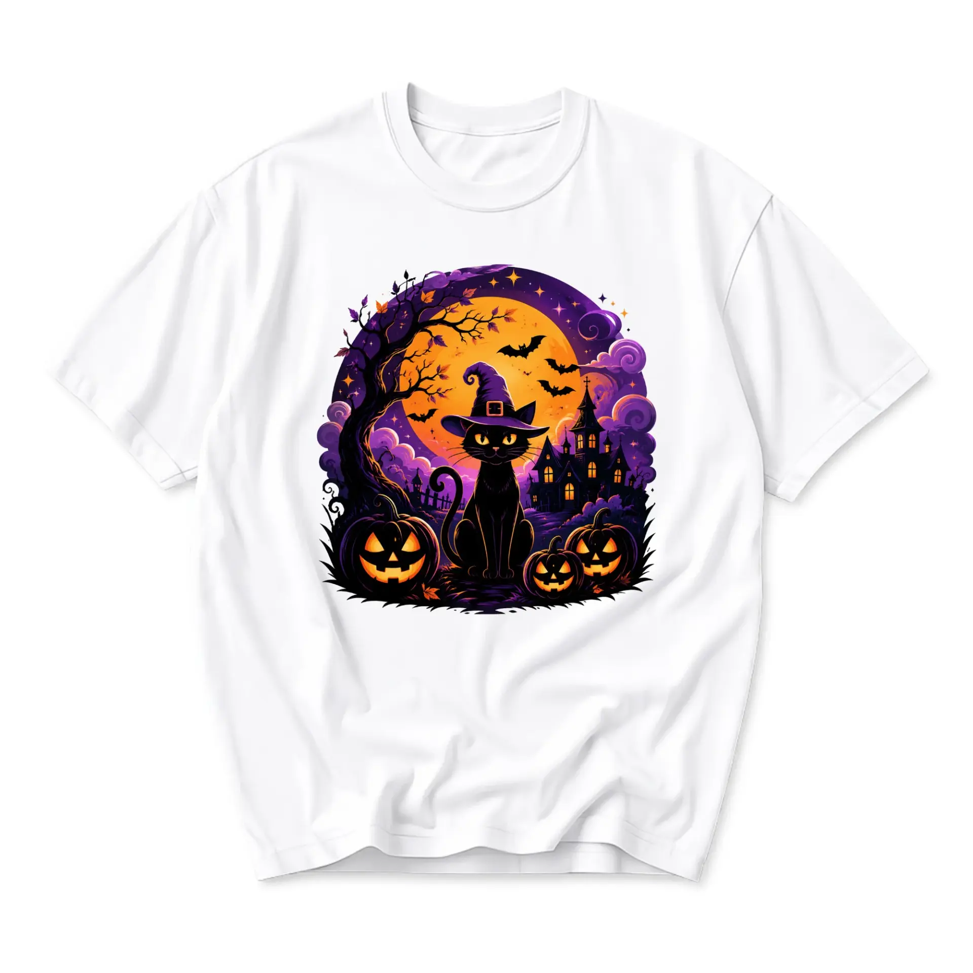 Graphic Tee Black Cat Wearing Witch Hat Design Seasonal Apparel Unisex Casual Short Sleeve Crew Neck Cotton Shirt