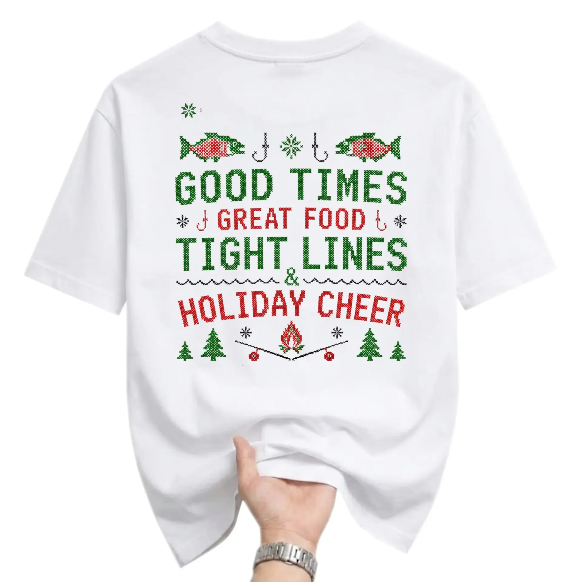Funny Shirt Fishing Holiday Cheer Graphic Tee Unisex Crew Neck Casual Everyday Wear Soft Cotton Blend White T-Shirt