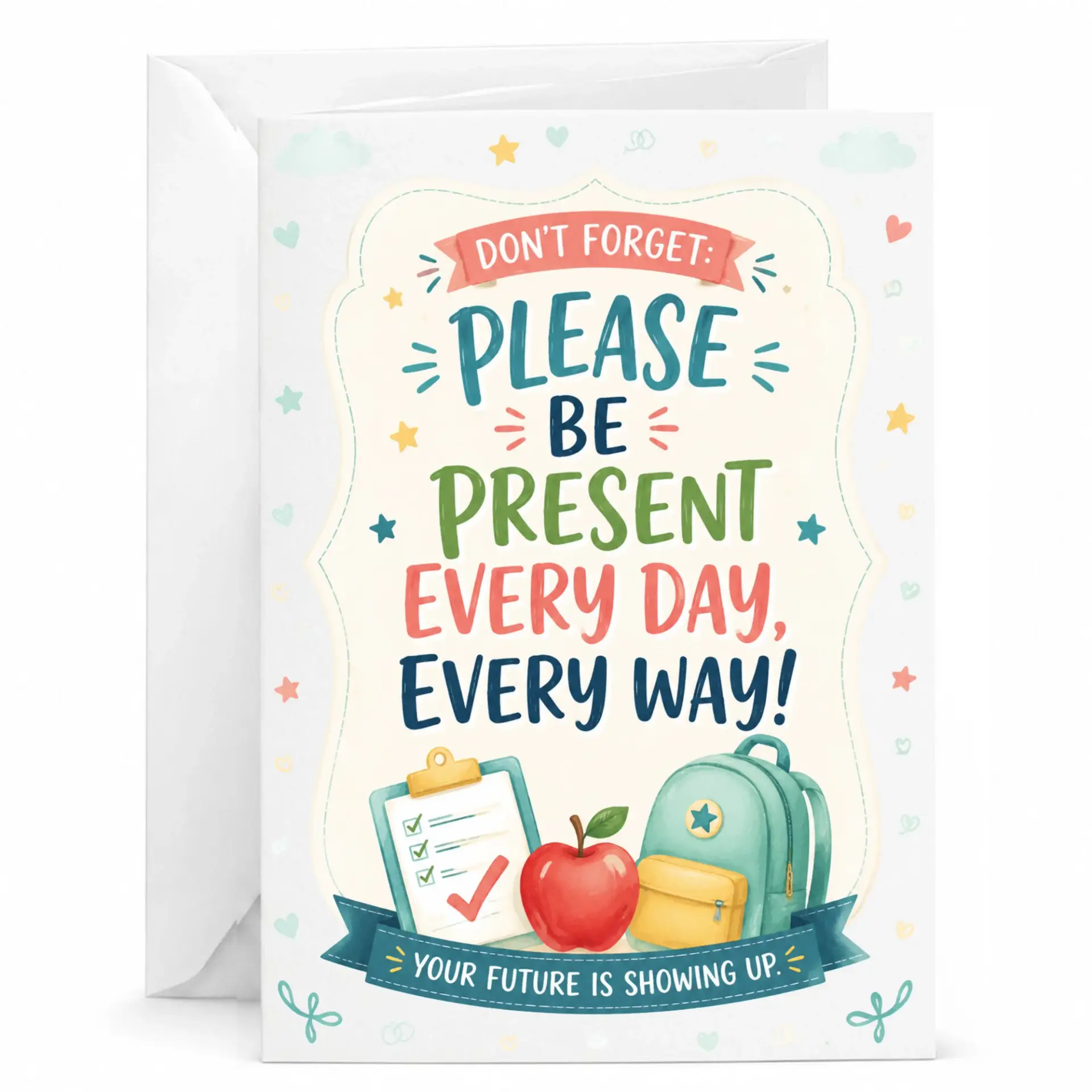 Greeting Card Inspirational Don't Forget Please Be Present Quote with School Supplies Design