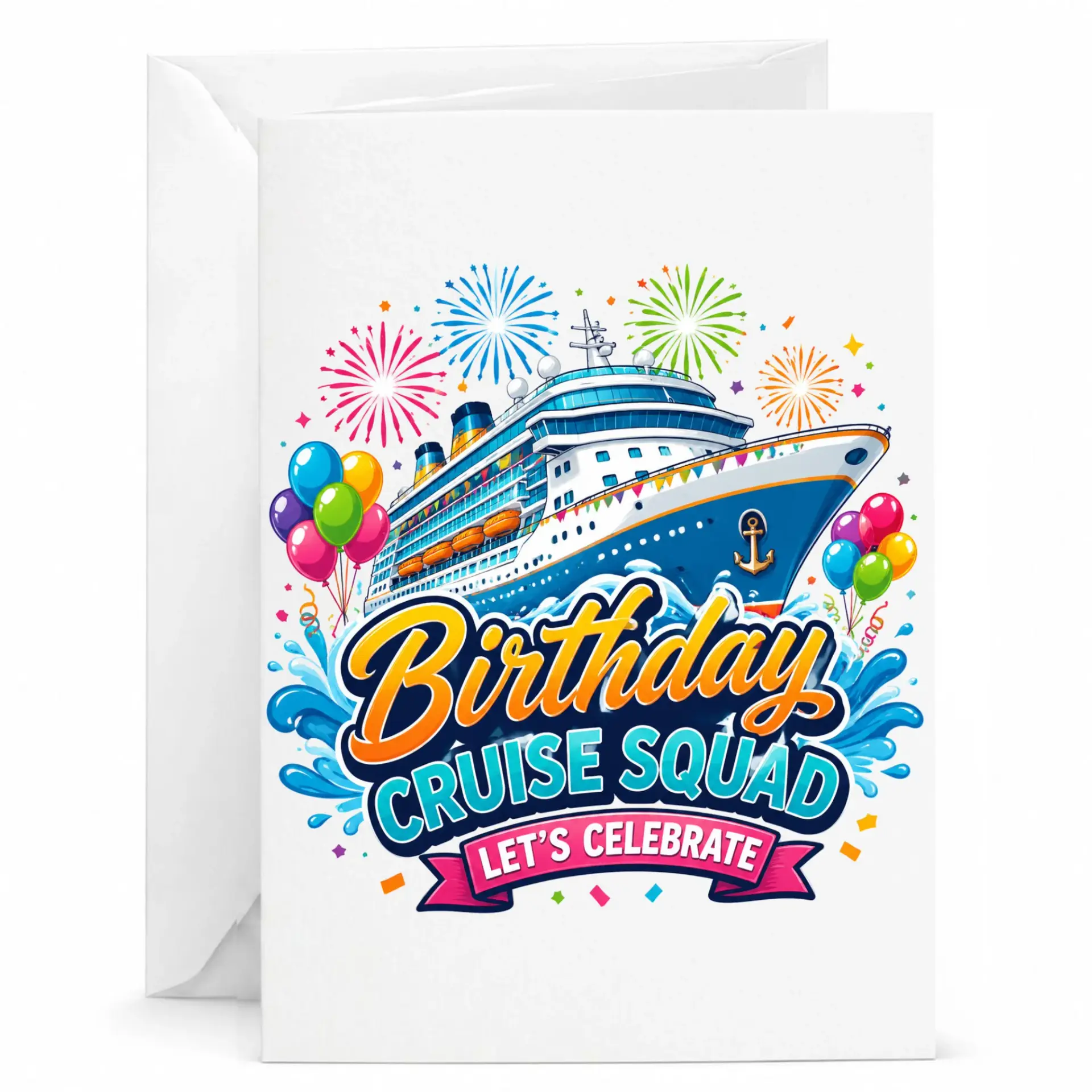 Birthday Card Cruise Squad Let's Celebrate Greeting Card with Envelope for Tropical Vacation and Travel Themed Celebration