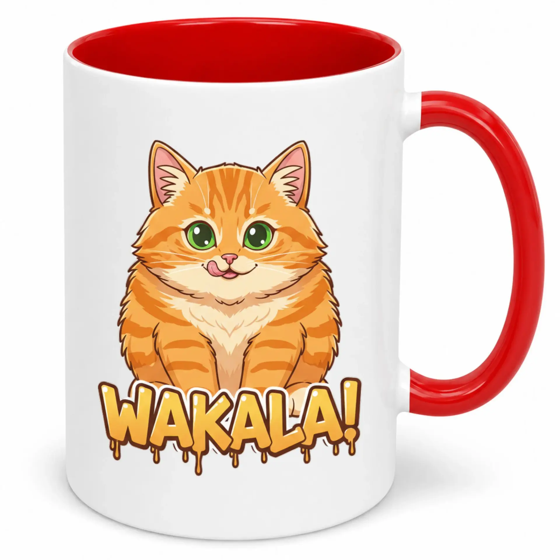 Funny Cute Cat Wakala Quote Ceramic Coffee Mug with Red Handle and Interior 11oz or 15oz Beverage Drinkware Gift