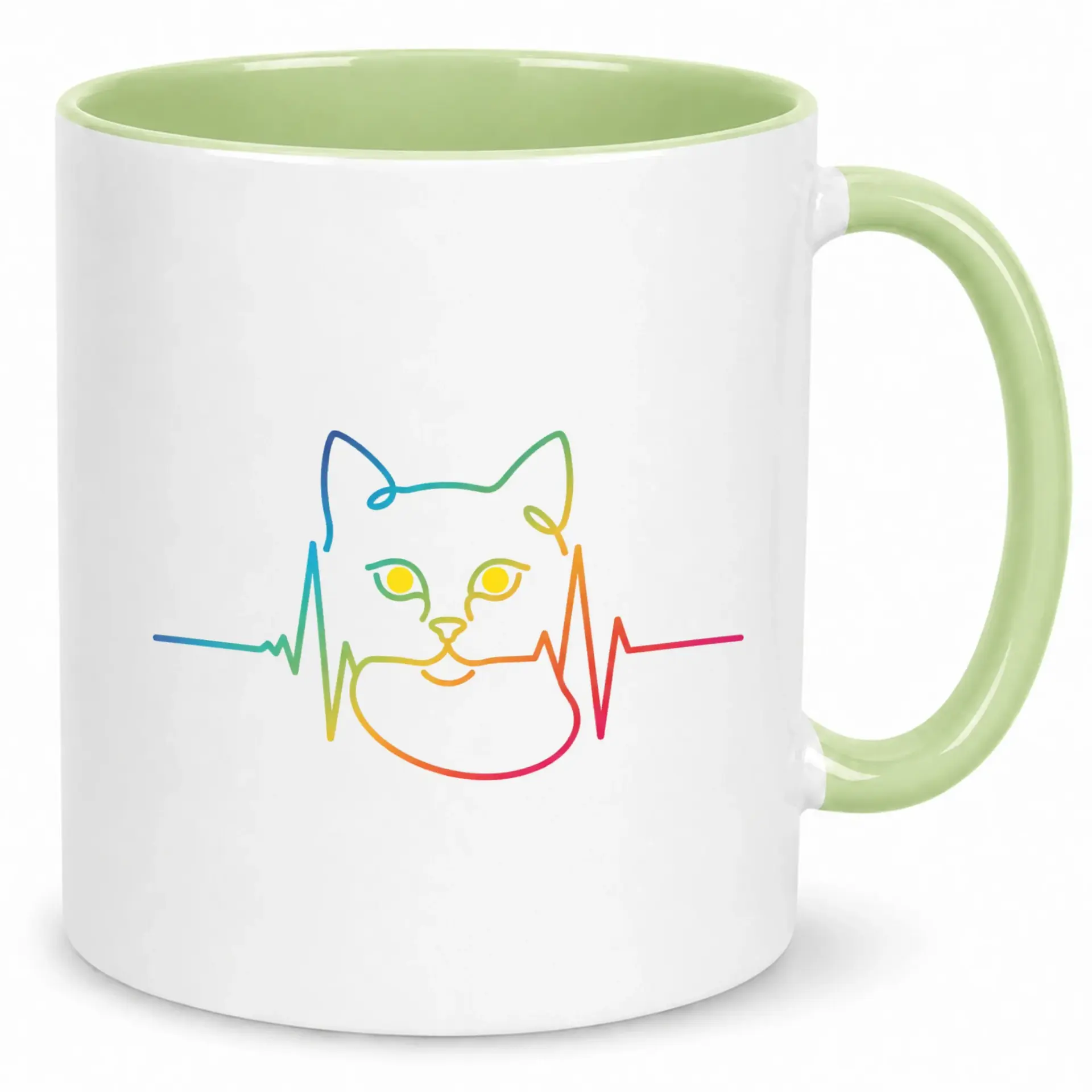 Coffee Mug with Rainbow Cat Heartbeat Design Animal Lover Ceramic Cup Unique Pet Owner Gift for Home or Office