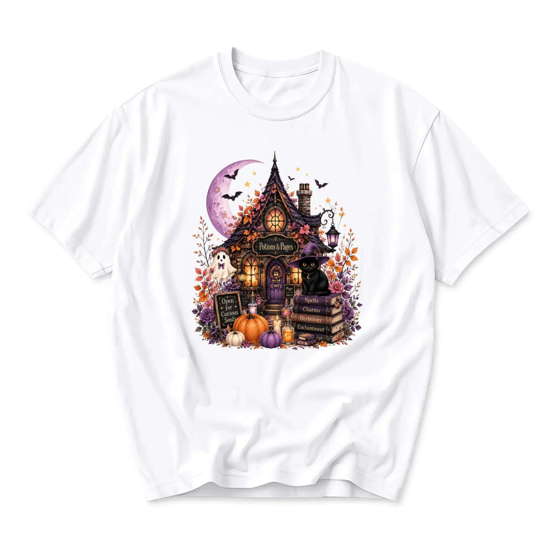Graphic Tee Unisex Crew Neck Short Sleeve Shirt Featuring Whimsical Fall Cottage Illustration for Seasonal Apparel