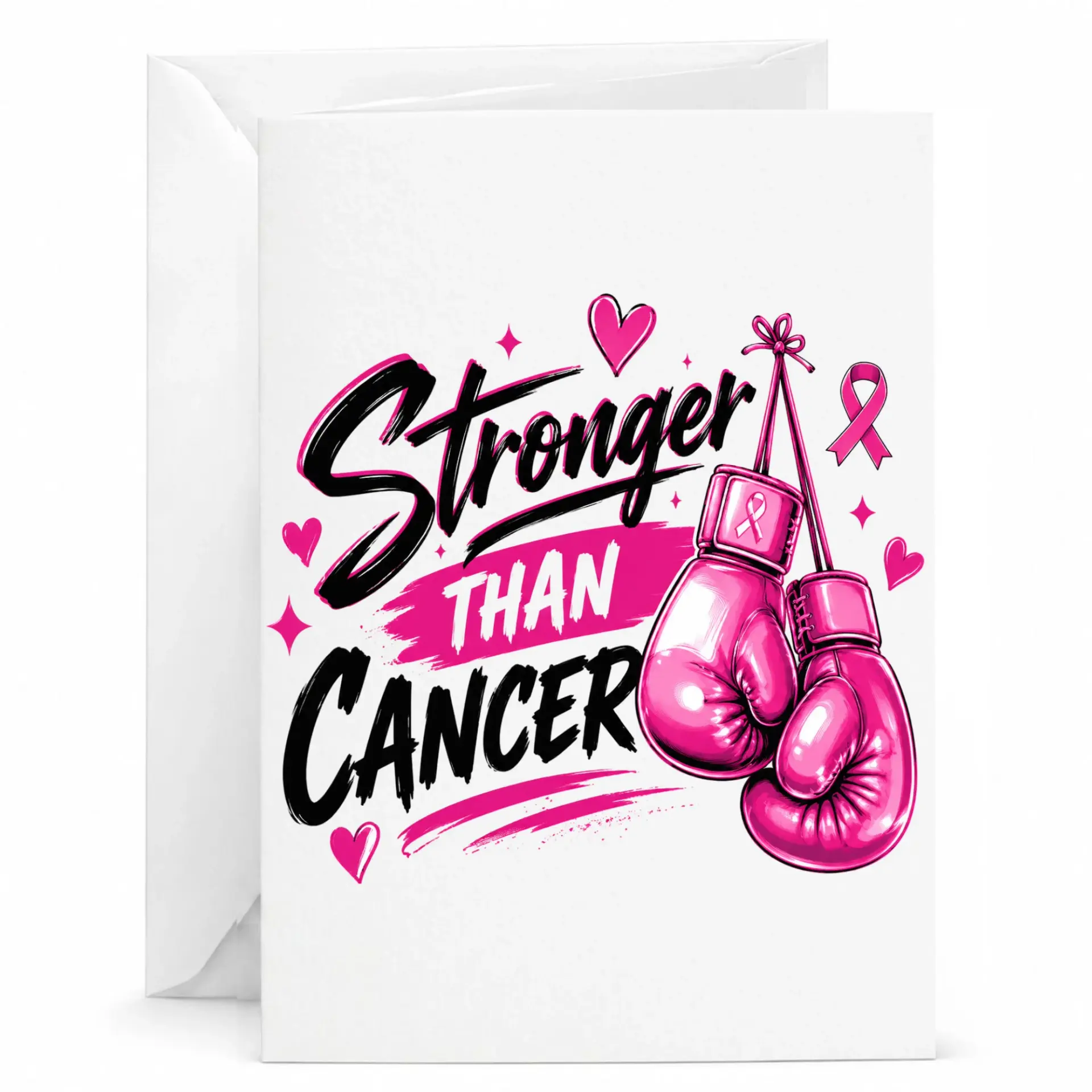 Greeting Card Stronger Than Cancer Pink Ribbon Boxing Gloves Motivational Support Stationery for Someone Special