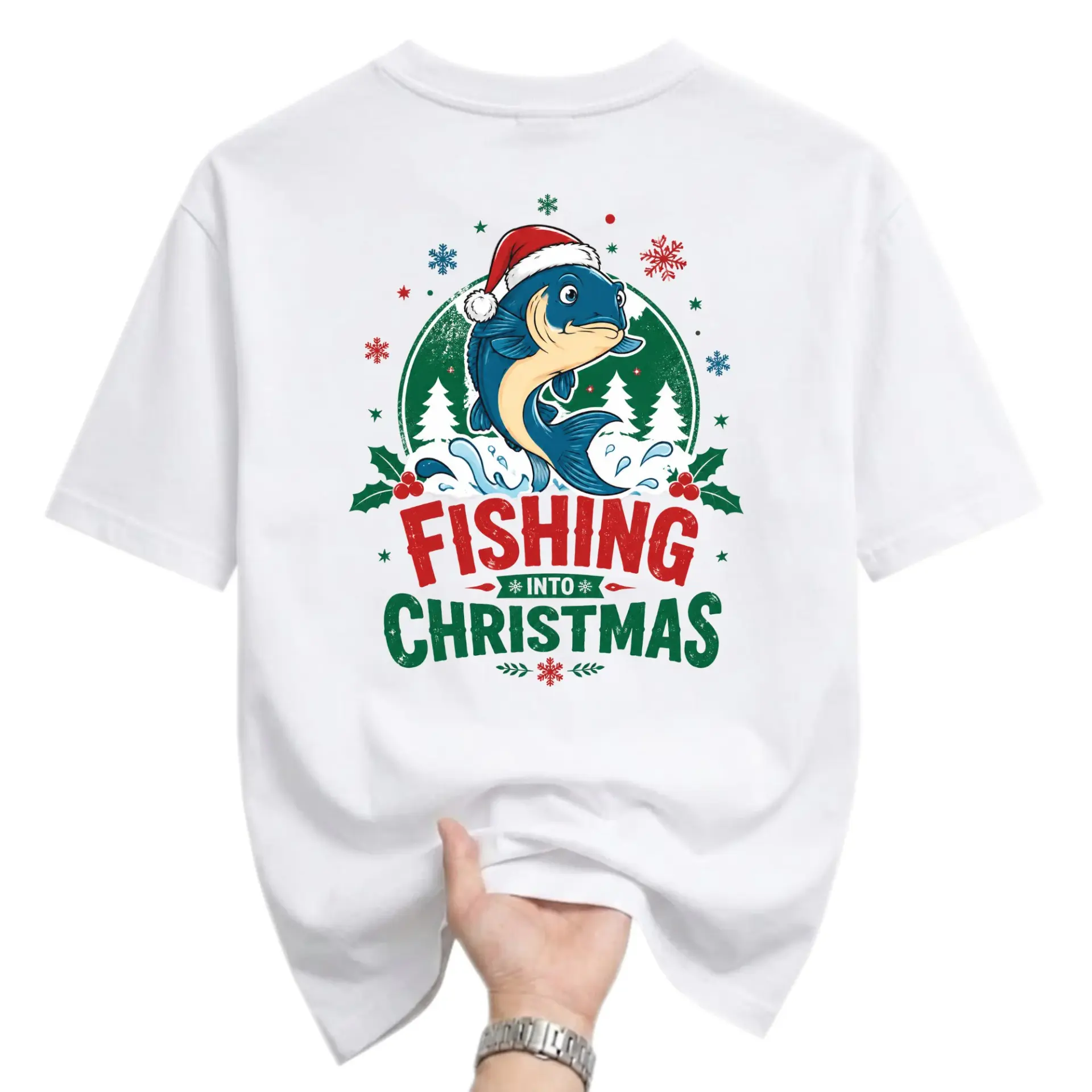 Graphic Tee Fishing into Christmas Holiday Season Apparel Casual Unisex Short Sleeve Crew Neck Cotton Shirt White
