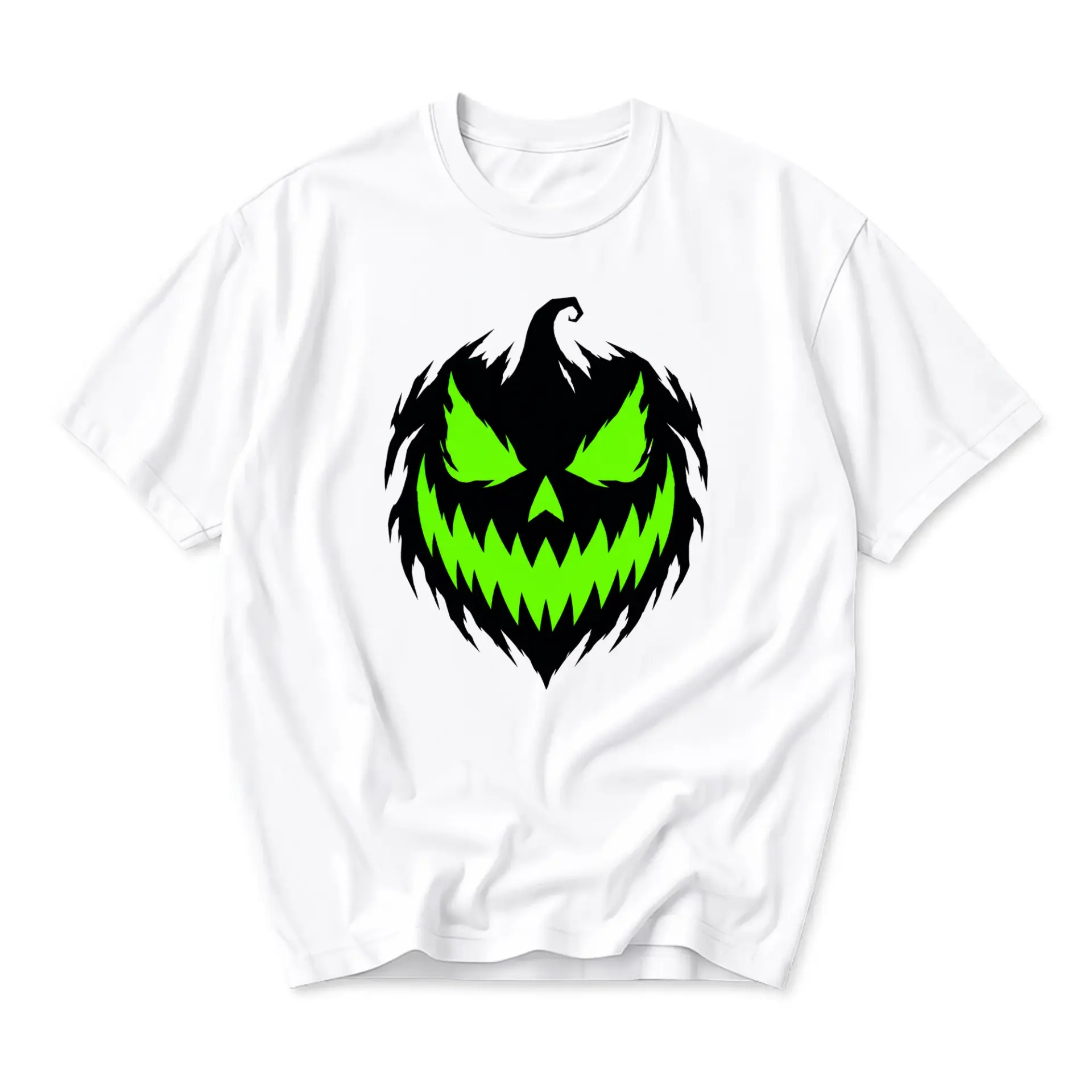 T-shirt Unisex Graphic Tee Featuring a Spooky Green Pumpkin Jack O Lantern Face Print for Casual Seasonal Wear