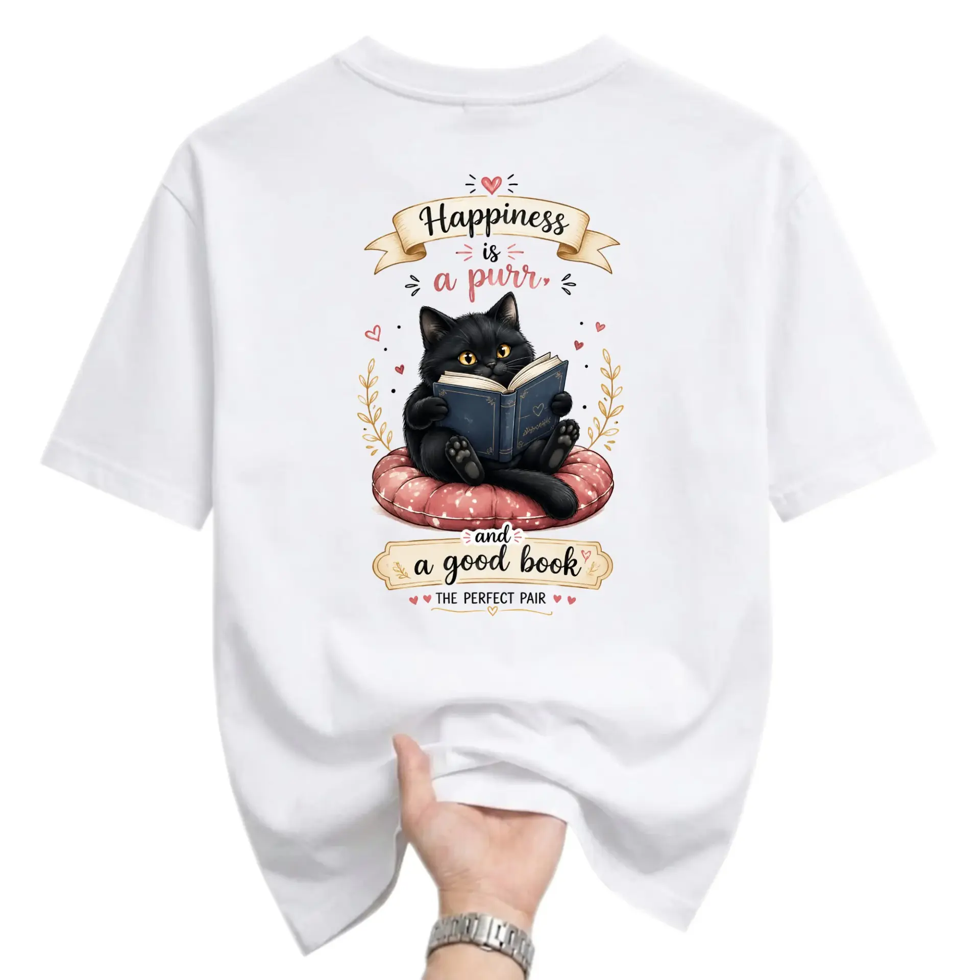 Graphic Tee Happiness Is a Purr and a Good Book Cute Black Cat Reading