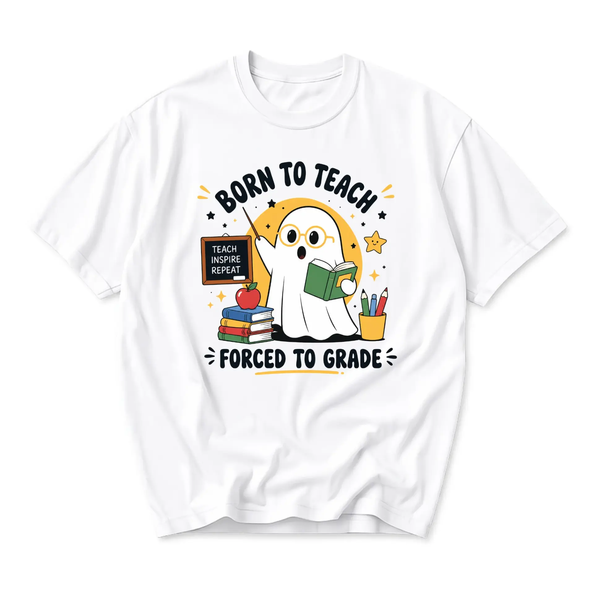 Funny Shirt Born to Teach Forced to Grade Graphic Tee Ghost Teacher Design Unisex Casual Cotton Crew Neck Top