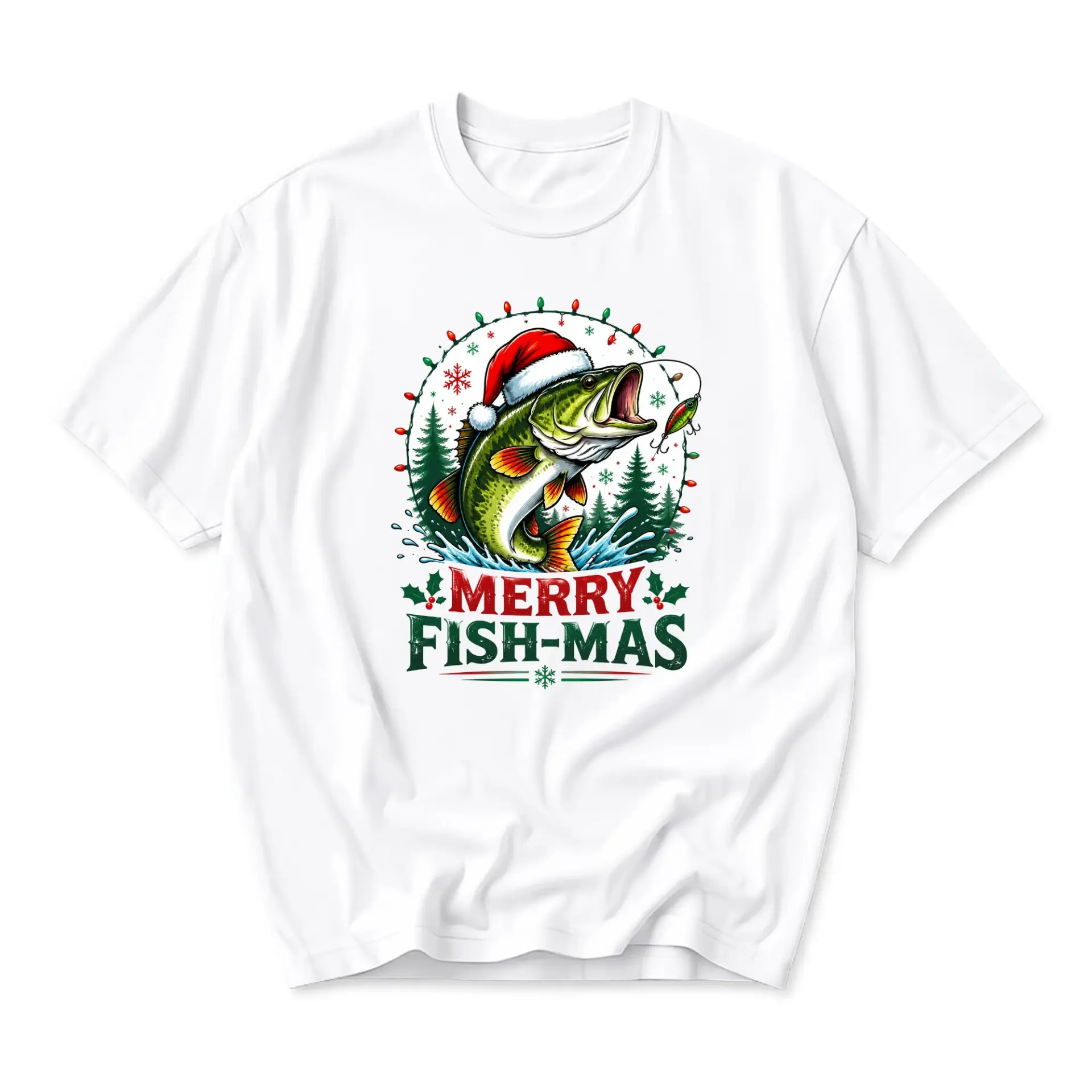 Funny Shirt Merry Fish-Mas Christmas Fishing Graphic Tee Unisex Short Sleeve Crew Neck Casual Cotton Blend Top