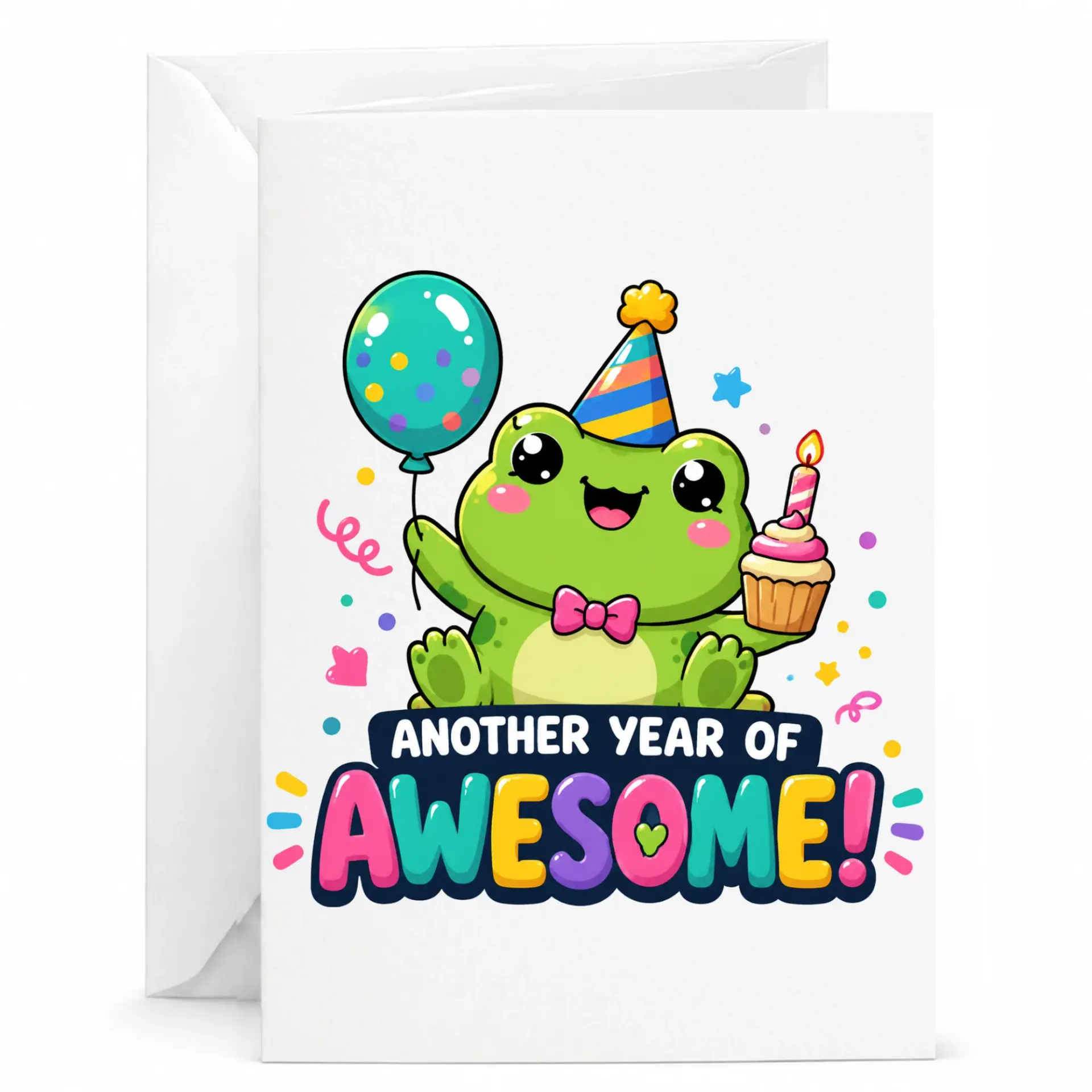 Birthday Card Featuring a Cute Cartoon Frog Holding a Balloon and Cupcake with the Text Another Year of Awesome Greeting