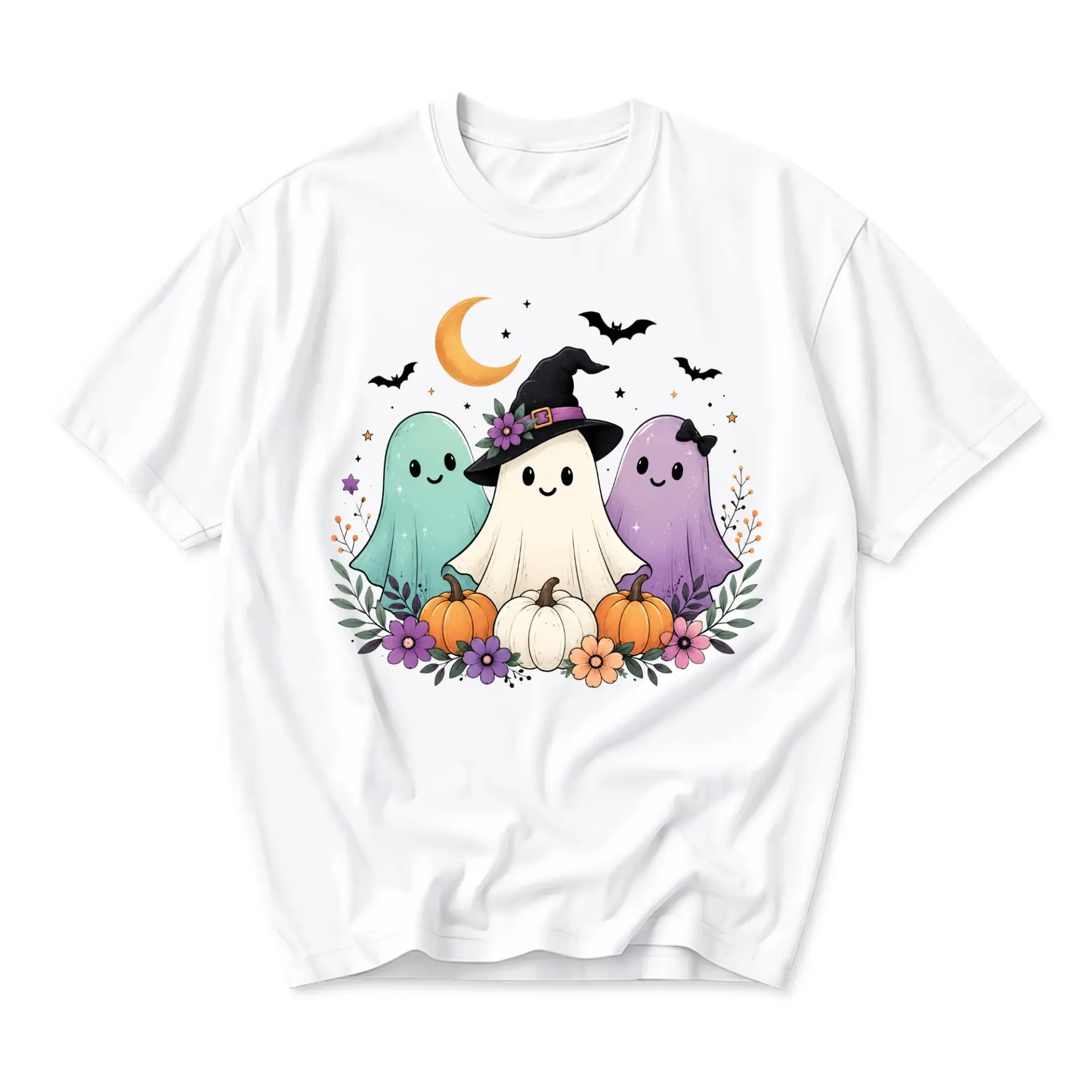 Graphic Tee Cute Halloween Ghost Trio T-Shirt Featuring Spooky Pumpkins and Festive Flowers for Seasonal Casual Wear