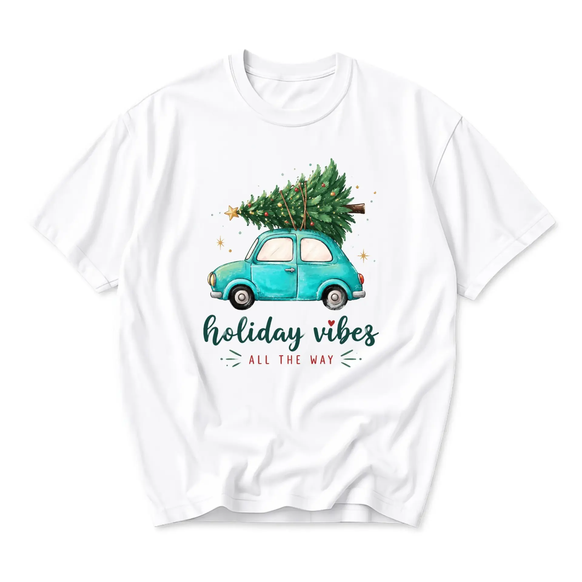 Graphic Tee Holiday Vibes All the Way Unisex Crew Neck T-Shirt Featuring a Vintage Blue Car with Christmas Tree Design