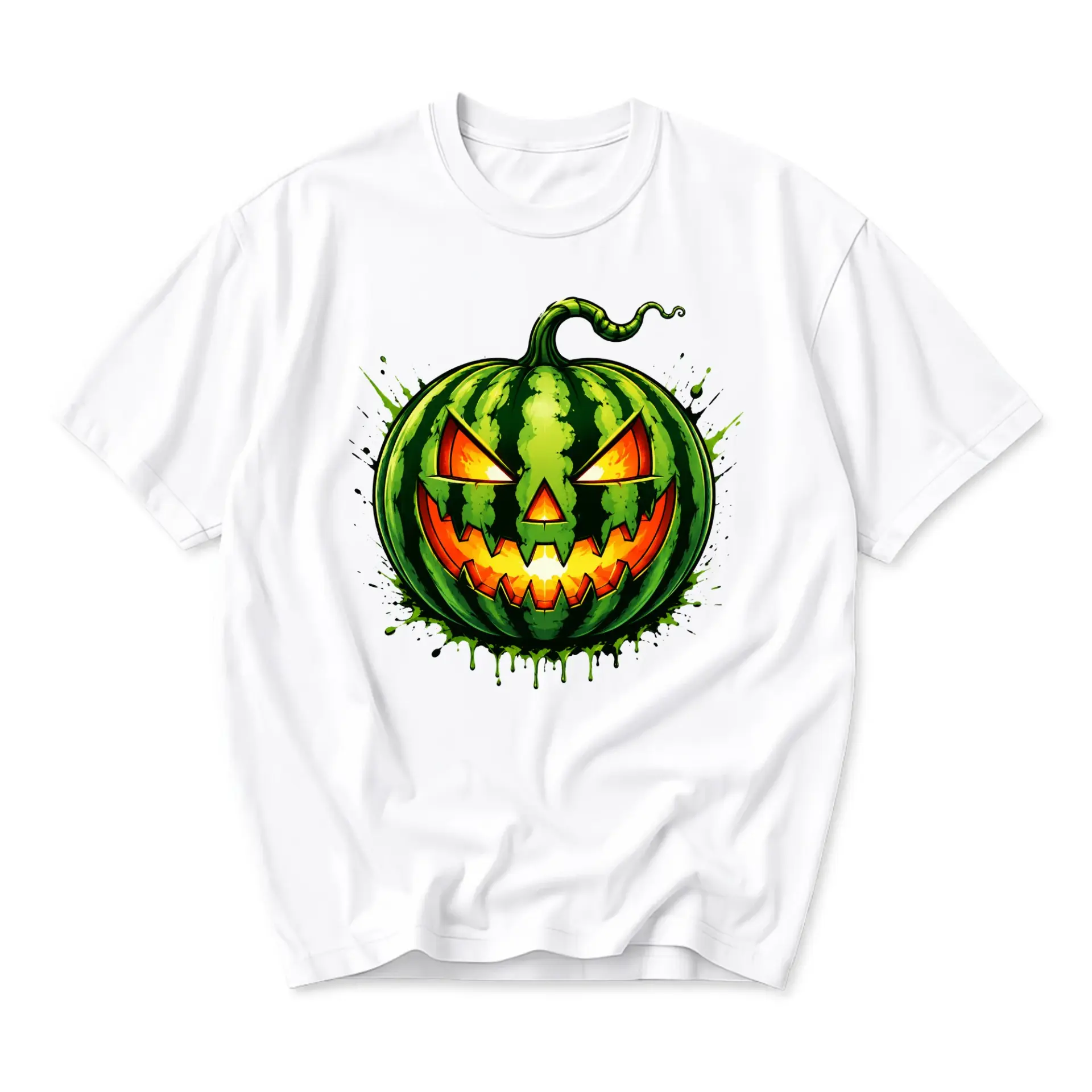 Graphic Tee Unisex Crew Neck T-Shirt Featuring a Spooky Green Watermelon Jack O Lantern Autumn Holiday Apparel