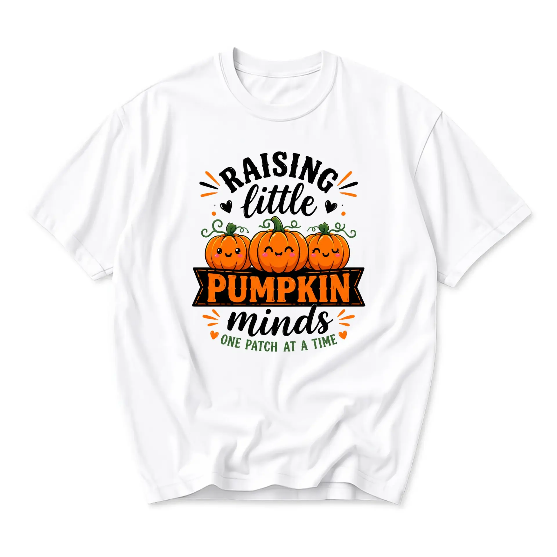 Graphic Tee Raising Little Pumpkin Minds Unisex Casual Crew Neck T-Shirt for Seasonal Autumn Fashion and Everyday Wear