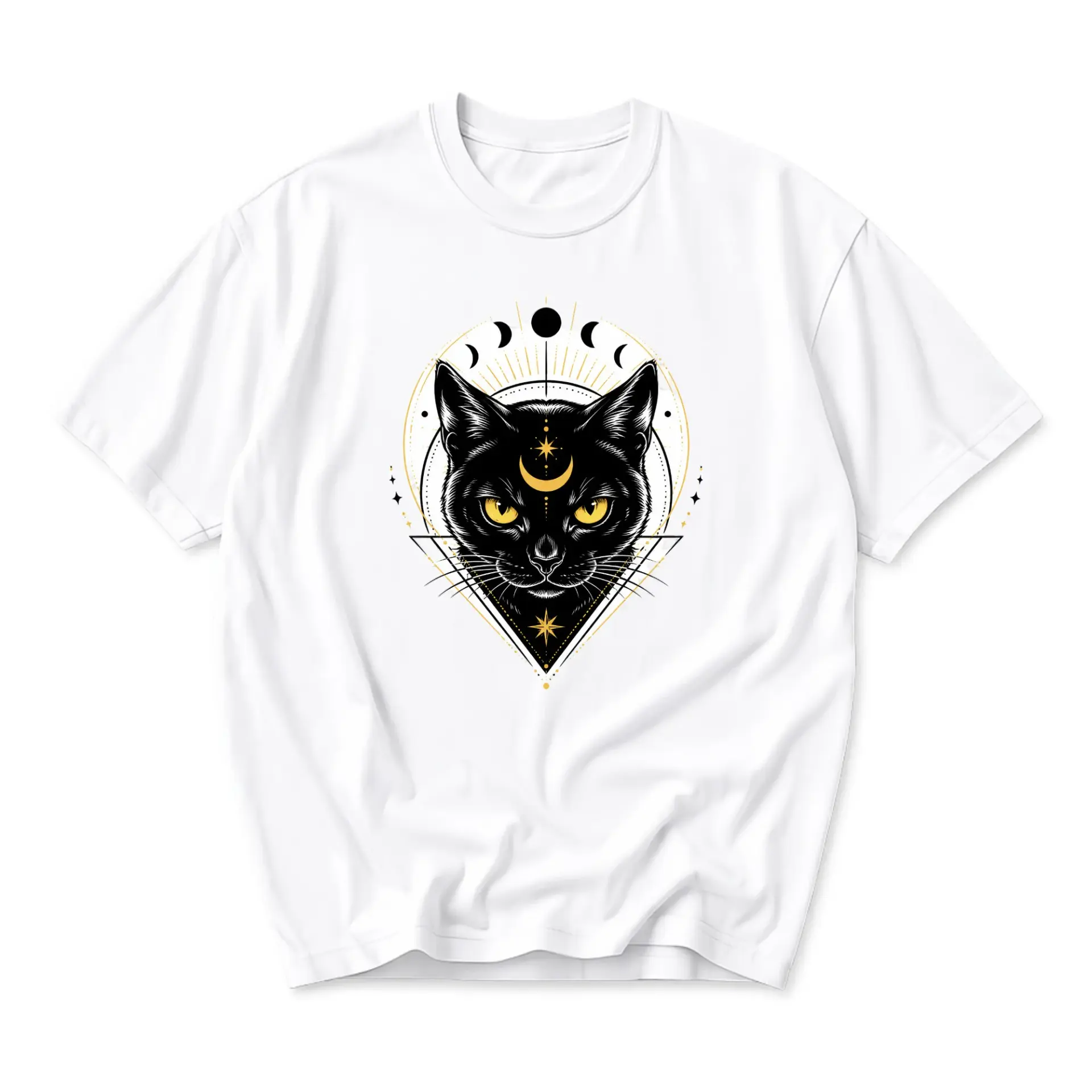 Graphic Tee Celestial Black Cat Moon Phases Print Unisex Crew Neck Shirt for Casual Everyday Wear and Self Expression