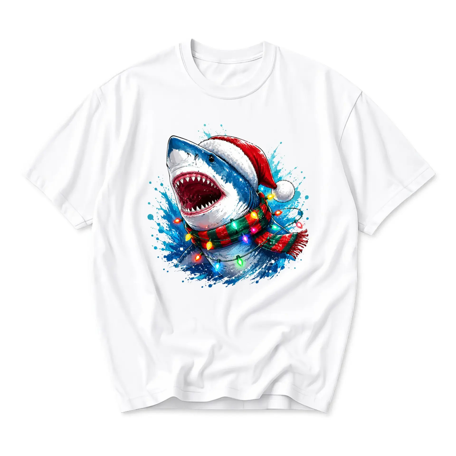 Graphic Tee Christmas Shark Unisex T-Shirt Festive Holiday Ocean Print Casual Cotton Blend Crew Neck Apparel