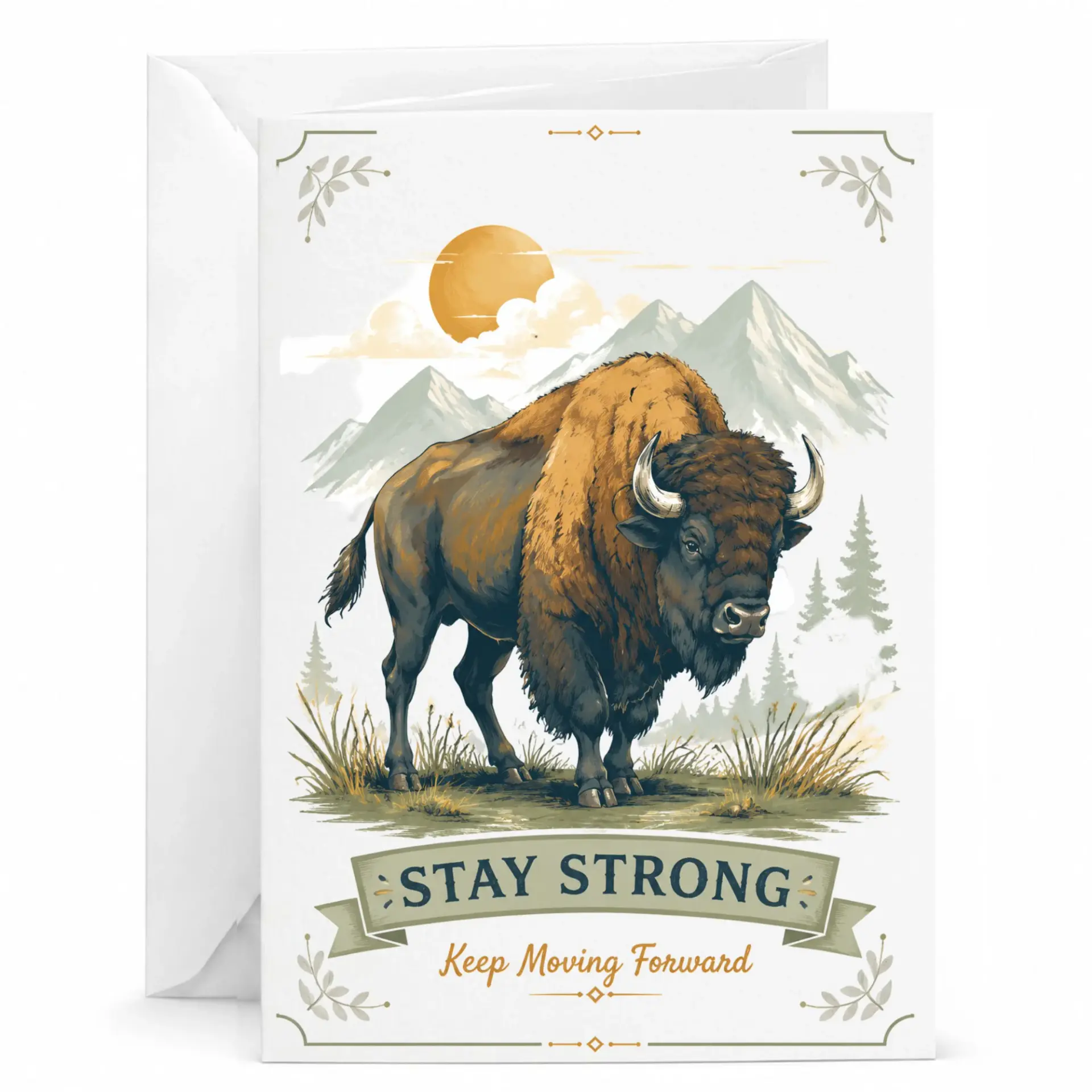 Inspirational Buffalo Greeting Card, Stay Strong Mountain Nature Illustration Stationery for Encouragement and Support