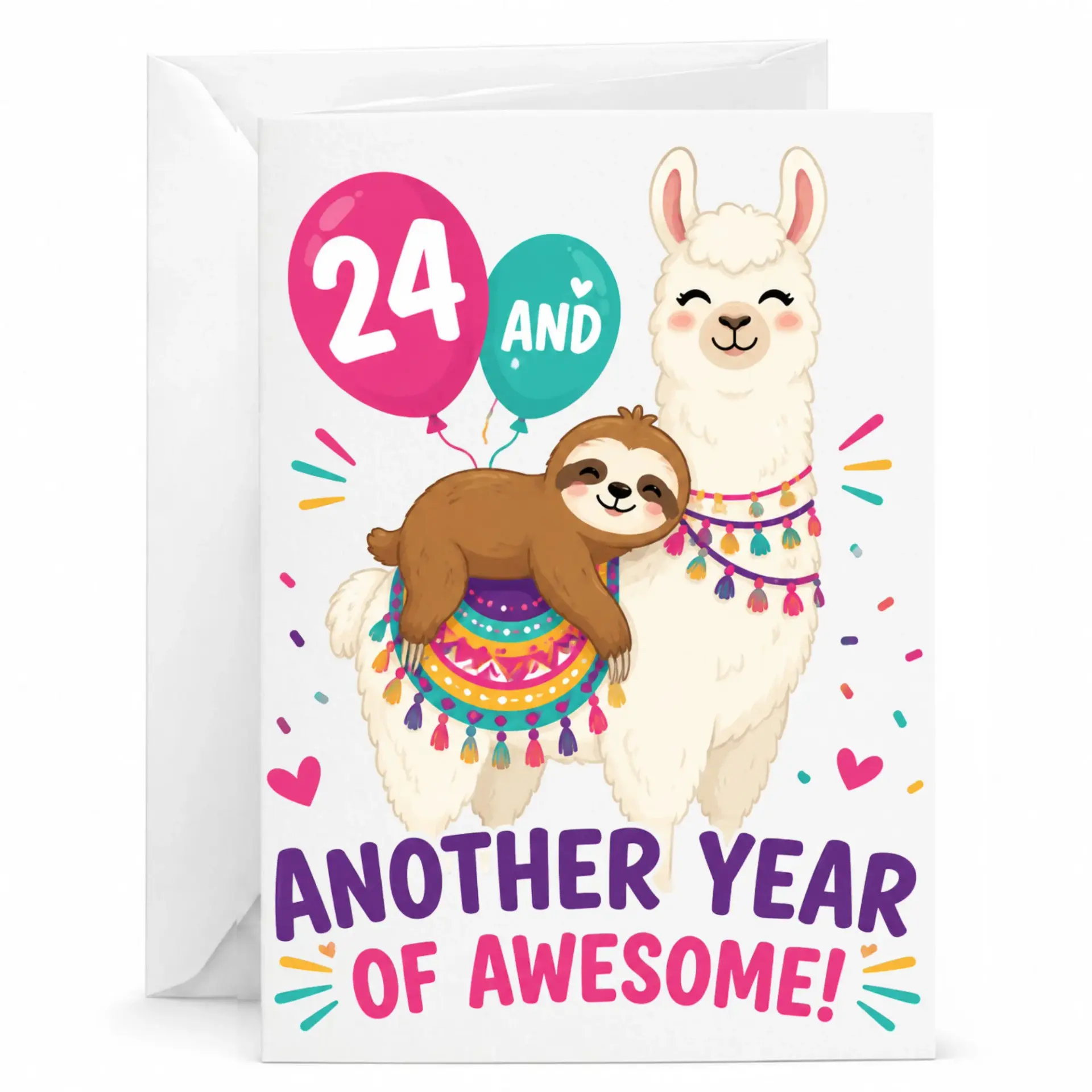 Birthday Card 24 and Another Year of Awesome Funny Llama and Sloth Illustration for Milestone Celebration Greeting