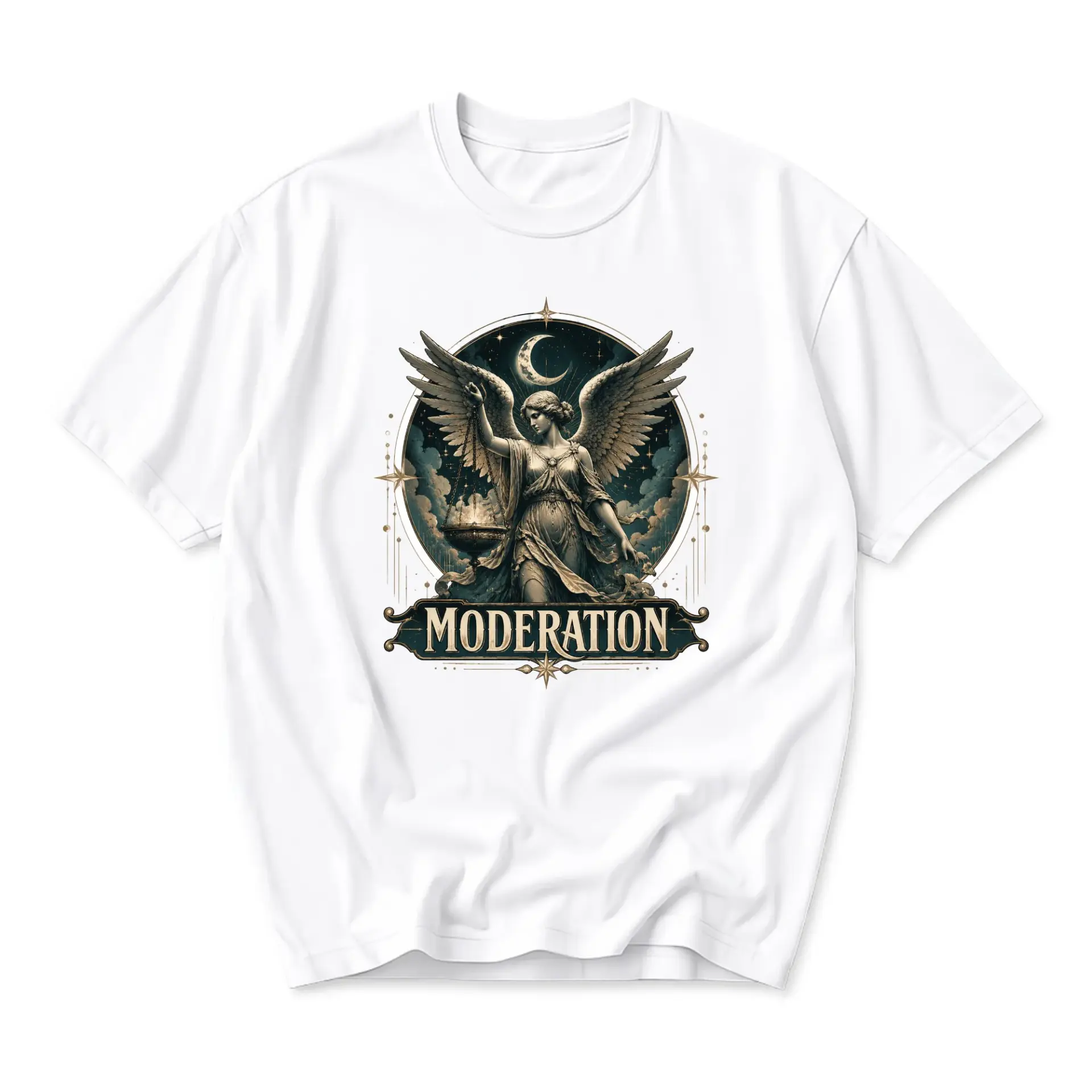 Graphic Tee Moderation Celestial Angel Motif Unisex Crew Neck Casual Everyday Shirt in Premium Cotton Blend White