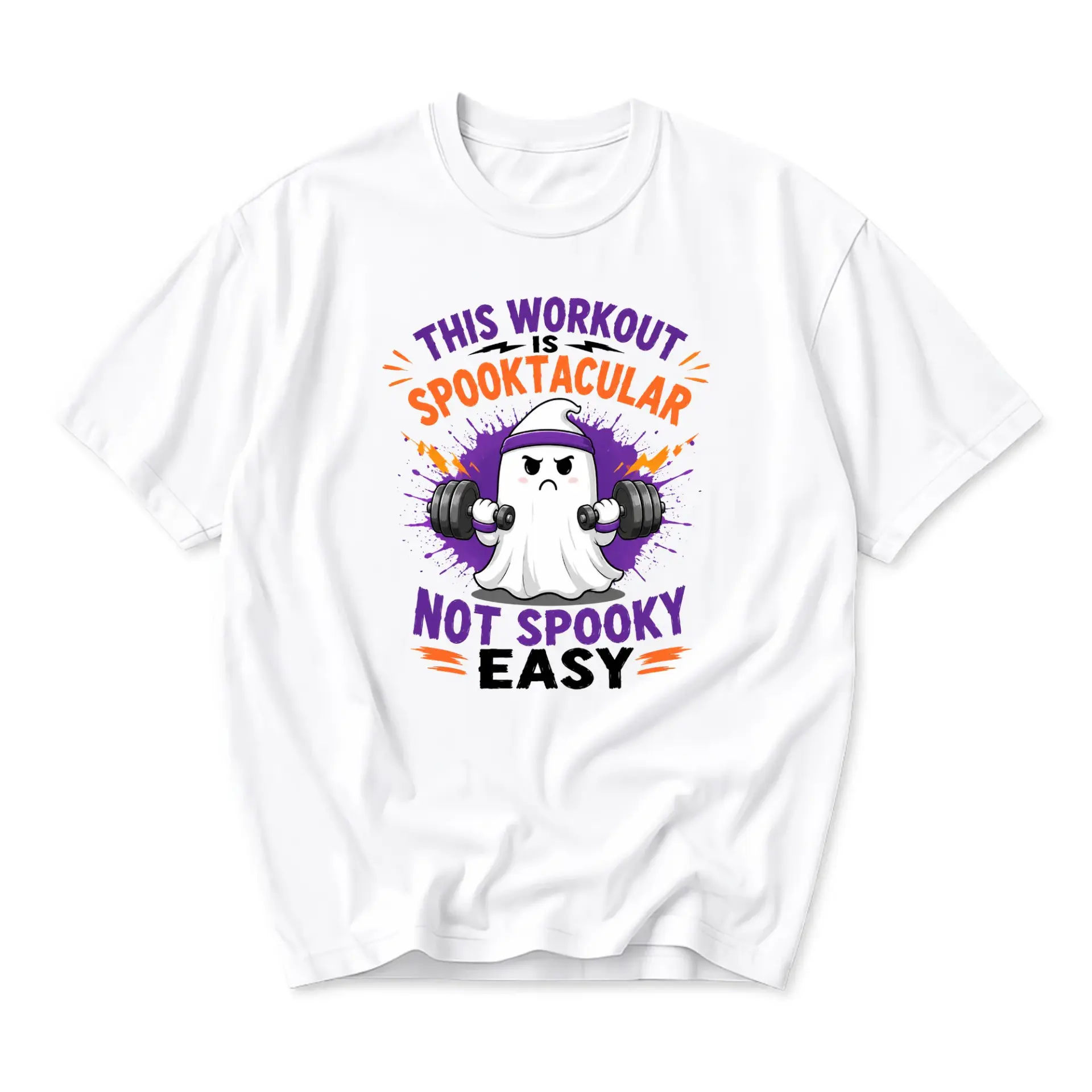 Funny Shirt This Workout Is Spooktacular Not Spooky Easy Weightlifting Ghost Graphic Print Unisex Crew Neck T-Shirt