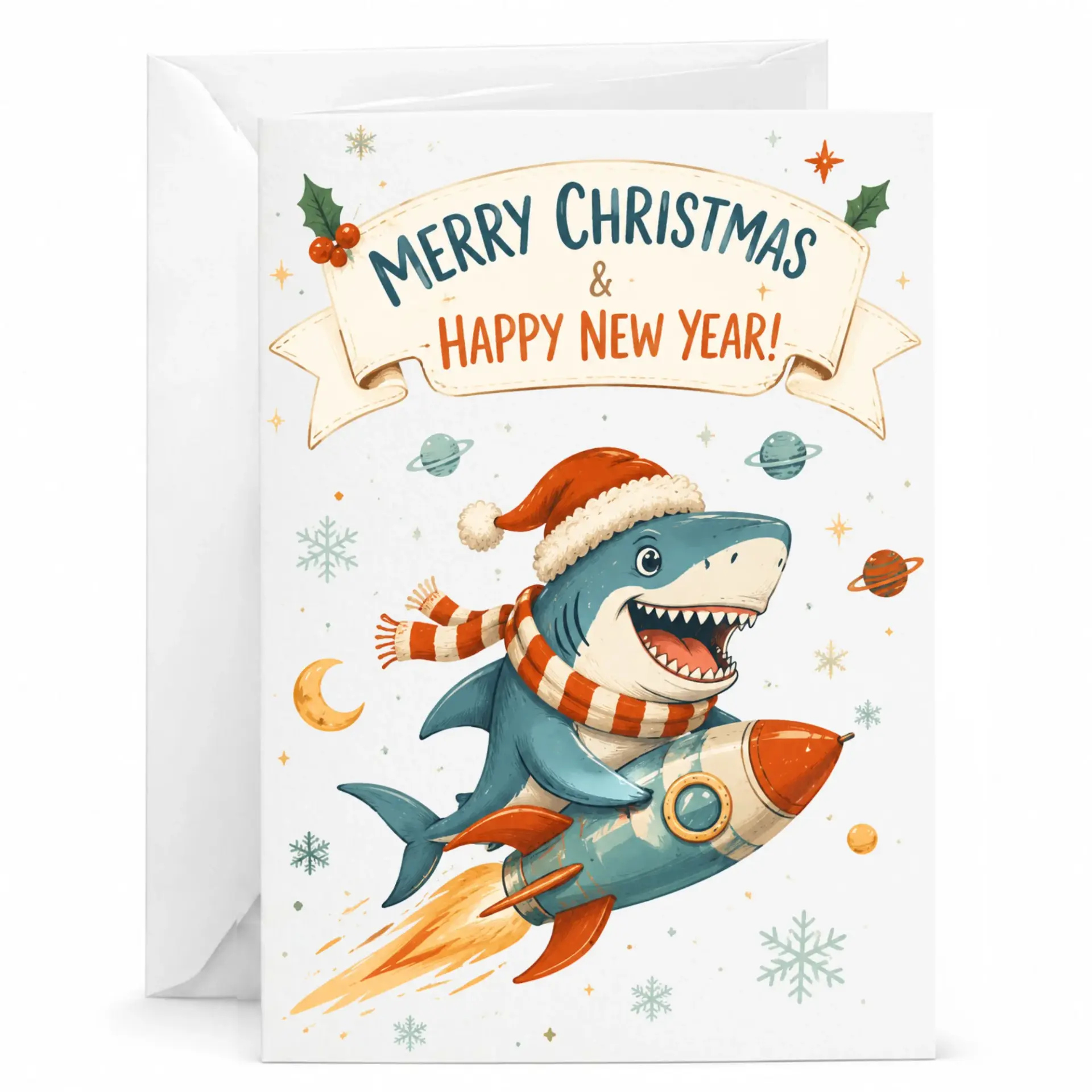 Greeting Card Merry Christmas and Happy New Year Featuring a Joyful Space Shark Astronaut Flying a Rocket Ship