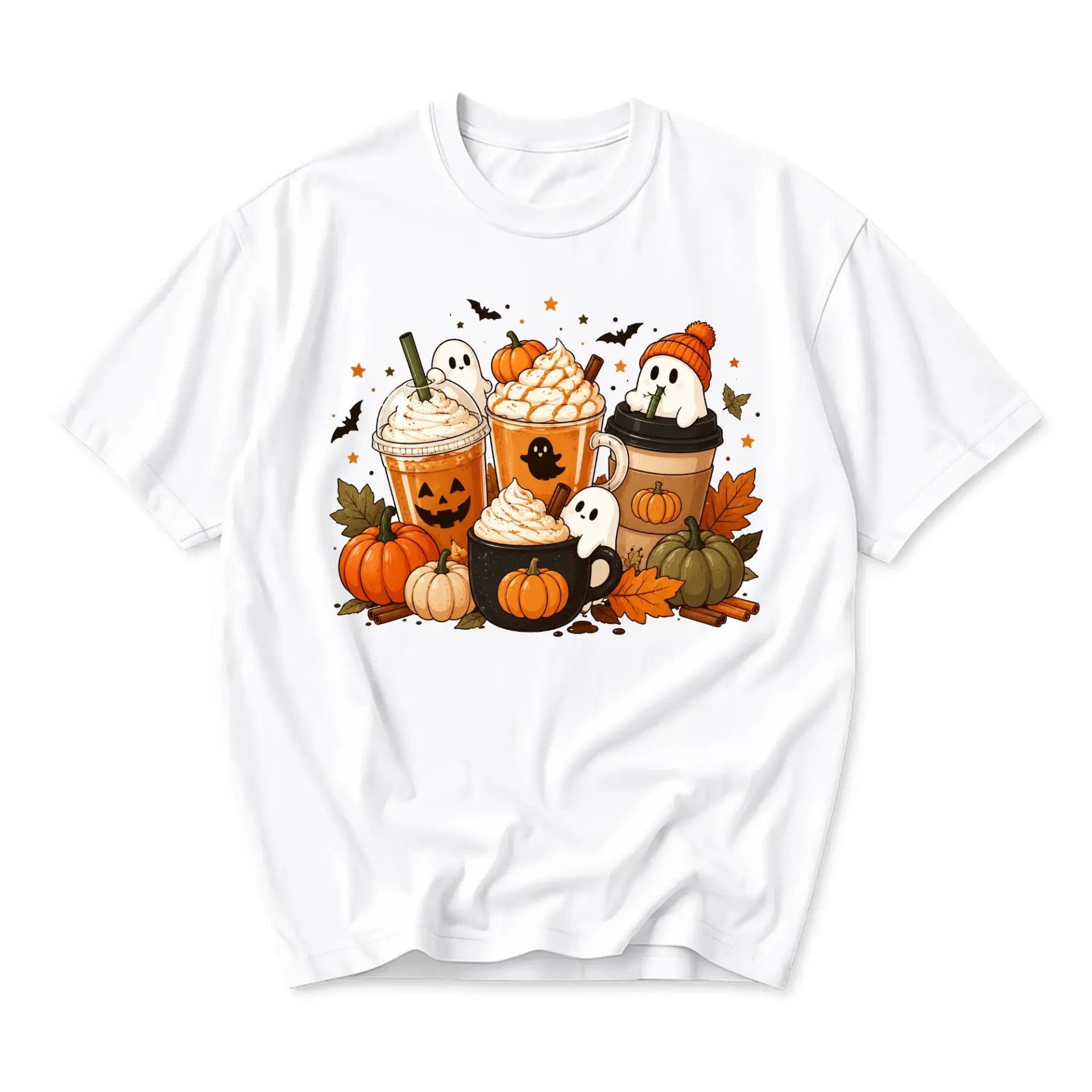 Graphic Tee Unisex Crew Neck T-Shirt Featuring Spooky Ghosts Pumpkins and Fall Beverages in Autumn Season Design