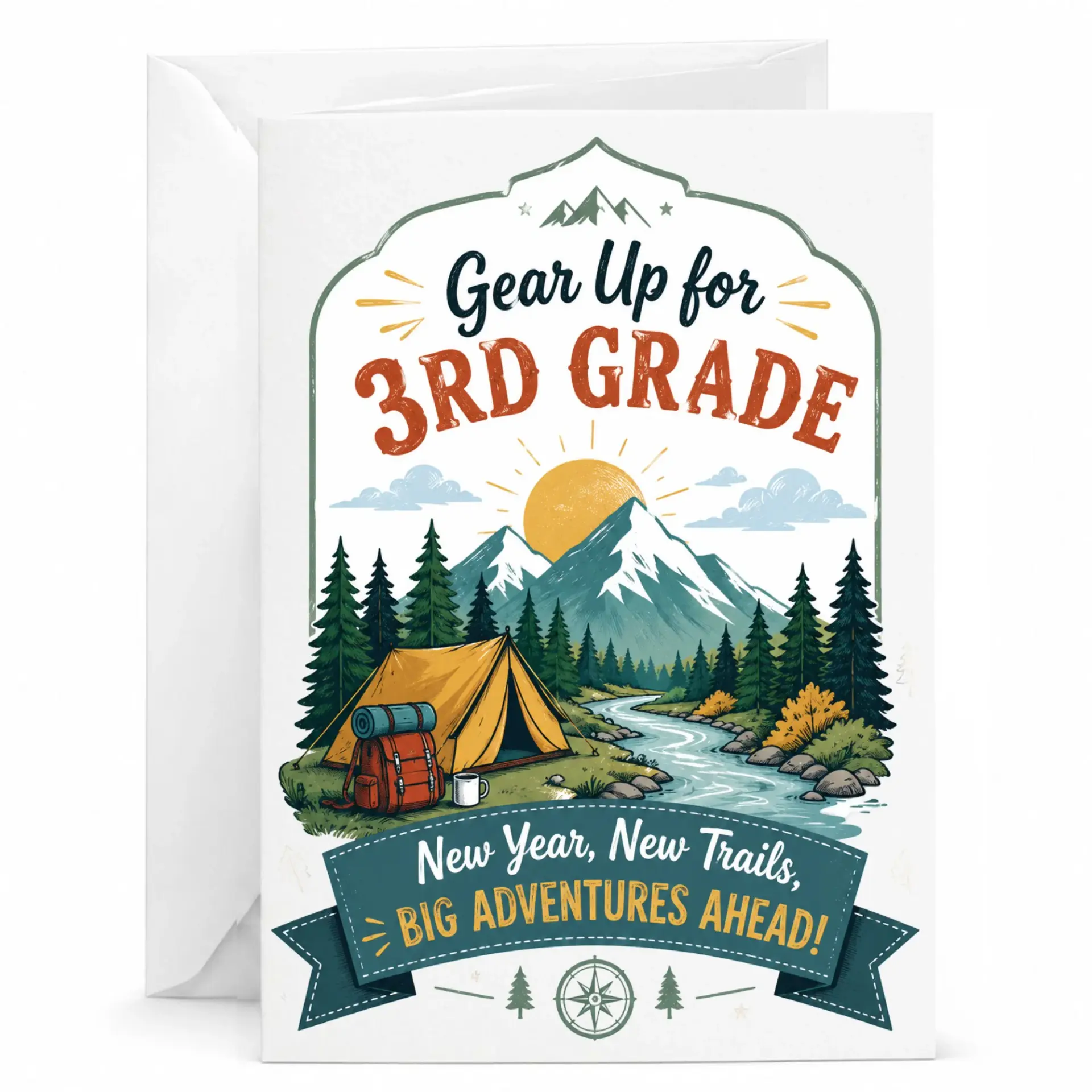 Greeting Card for Third Adventure Outdoor Nature Theme Illustration with Camping Scenery Encouragement