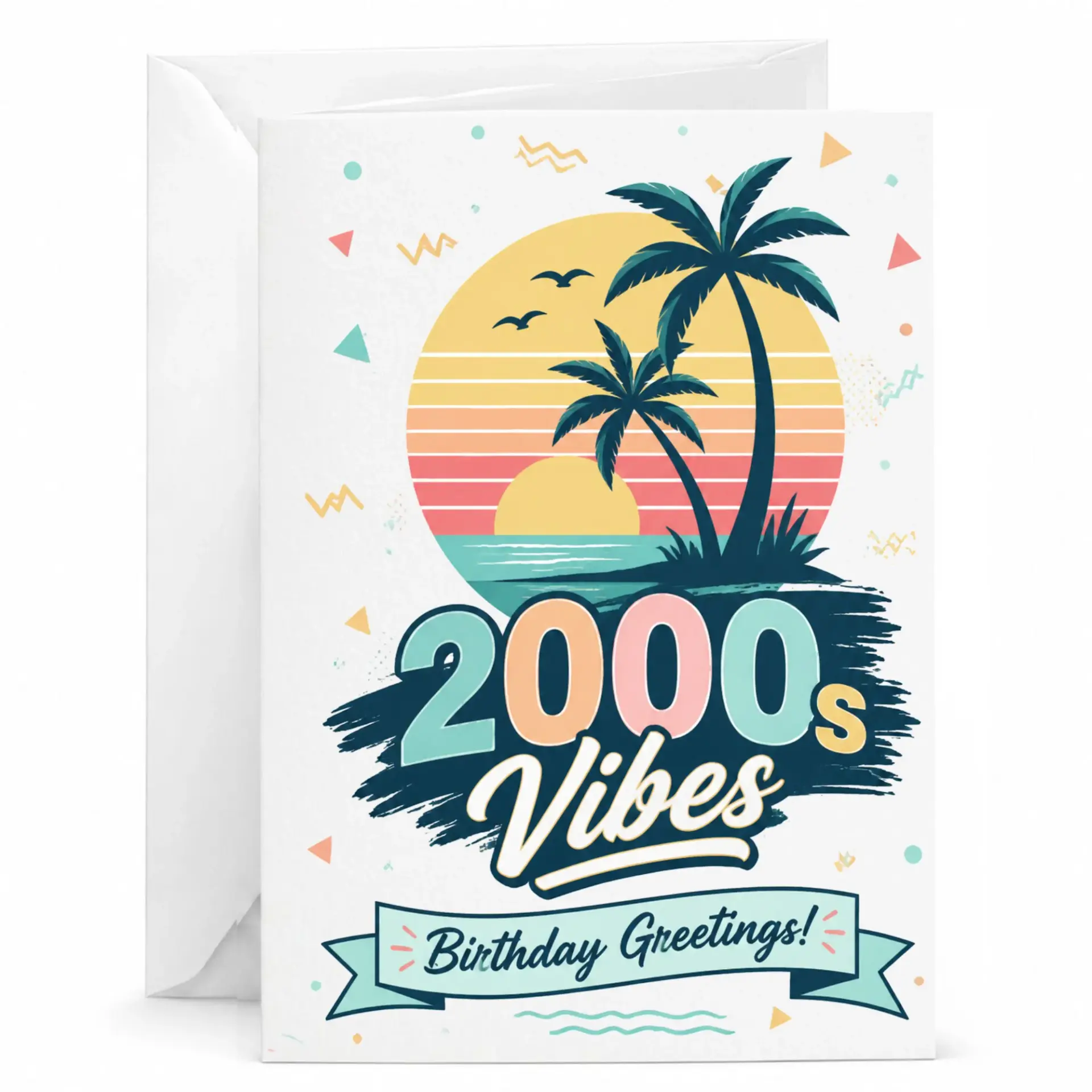 Greeting Card 2000s Vibes Birthday Greetings Tropical Retro Sunset Design Folded Stationery for Milestone Celebrations