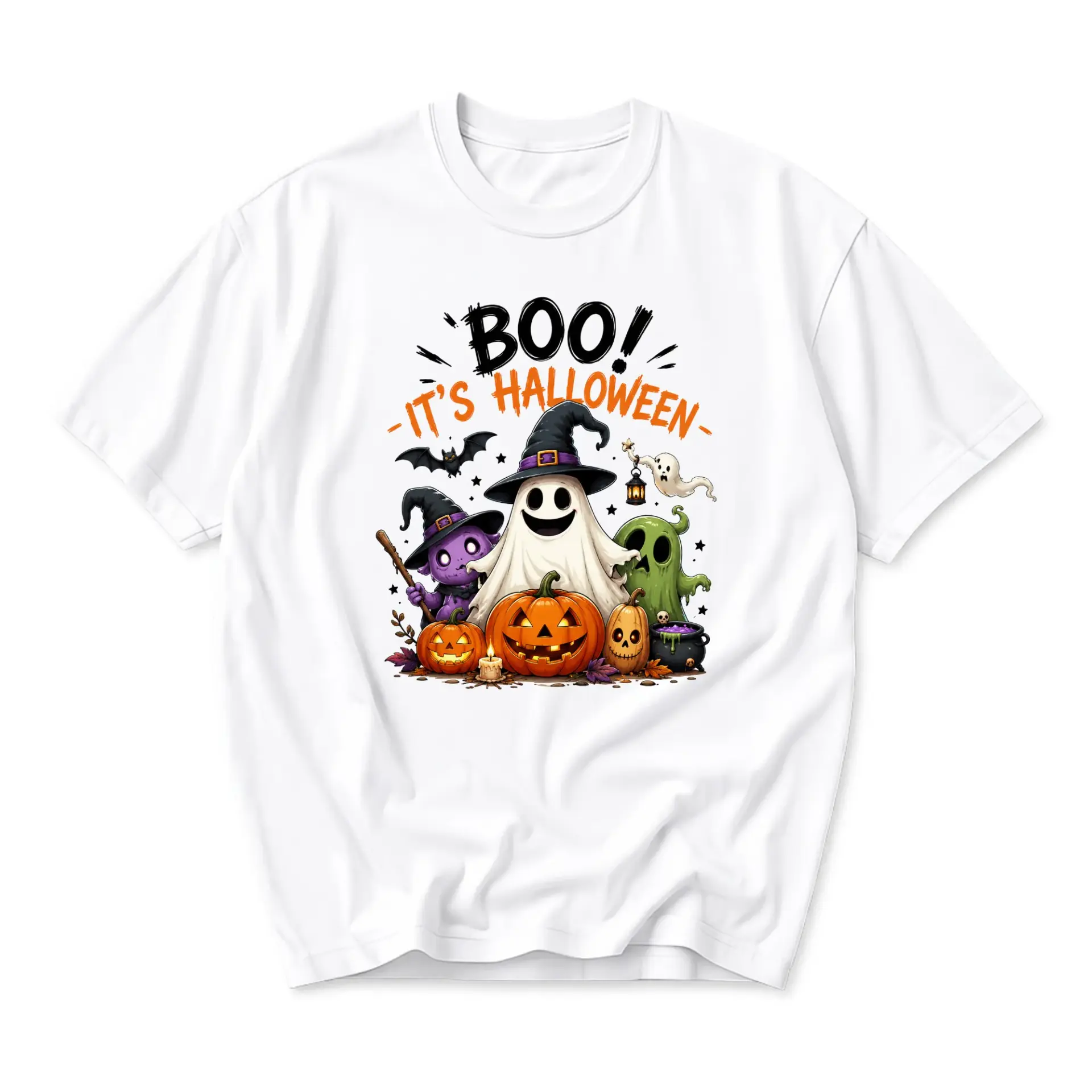 Graphic Tee Boo Its Halloween Ghost Pumpkin Design Unisex Casual Crew Neck Comfortable Short Sleeve Cotton Shirt
