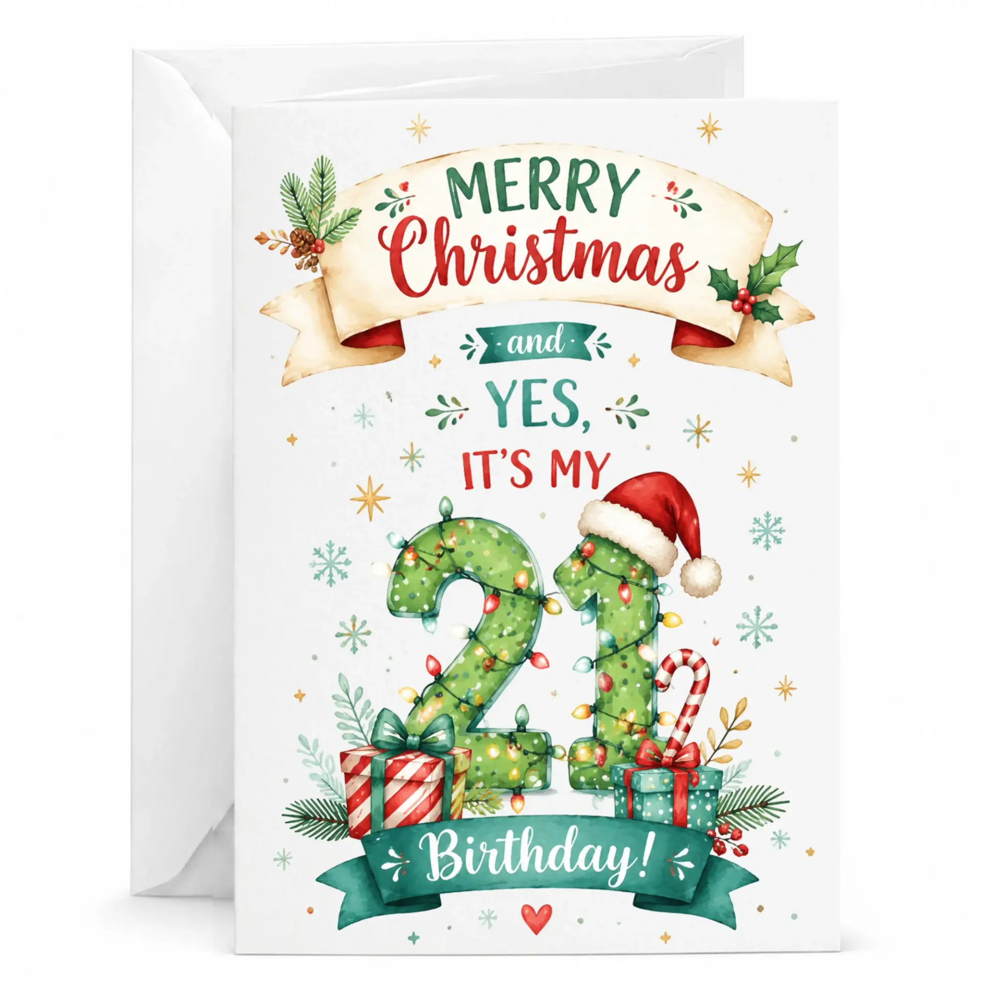 Greeting Card Merry Christmas and Yes It Is My 21 Birthday Funny Holiday Themed Birthday Seasonal Greeting Card