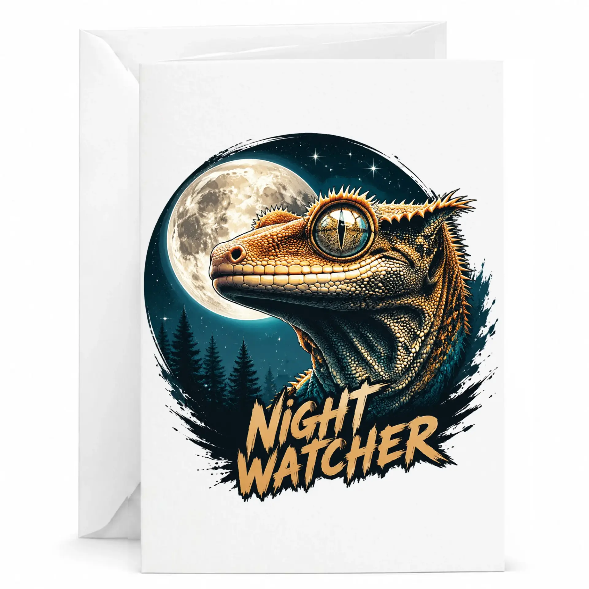 Greeting Card Watcher Reptile Illustration Featuring Crested Against Full Moon Forest Scene 5x7 Inches