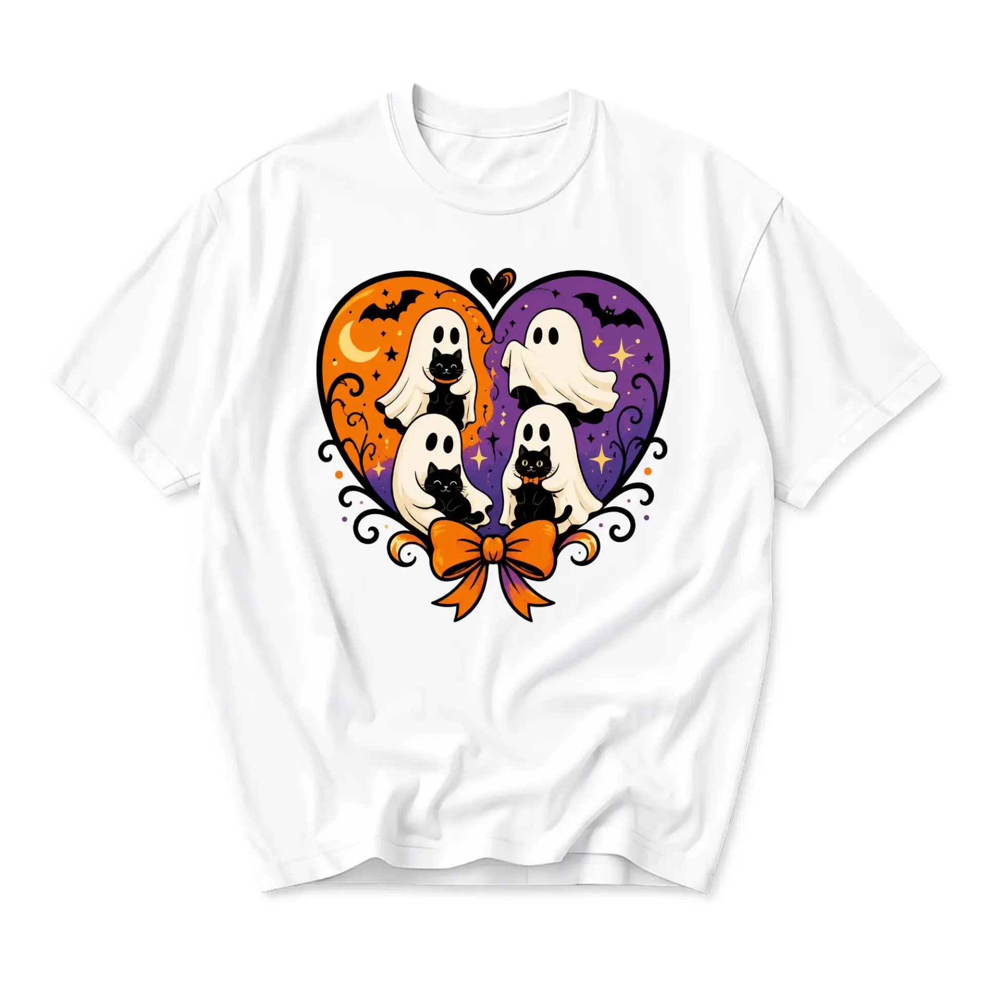 Graphic Tee Unisex Halloween Shirt Featuring Cute Ghosts and Black Cats in a Heart Shaped Design Casual Crew Neck Top