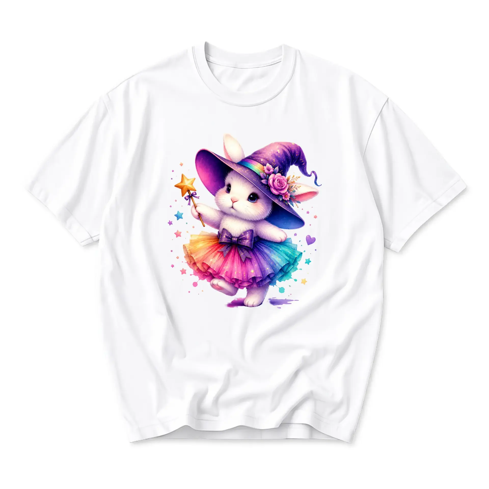 Graphic Tee Unisex Crew Neck T-Shirt Featuring Colorful Fantasy Bunny Witch Illustration with Wand and Rainbow Skirt