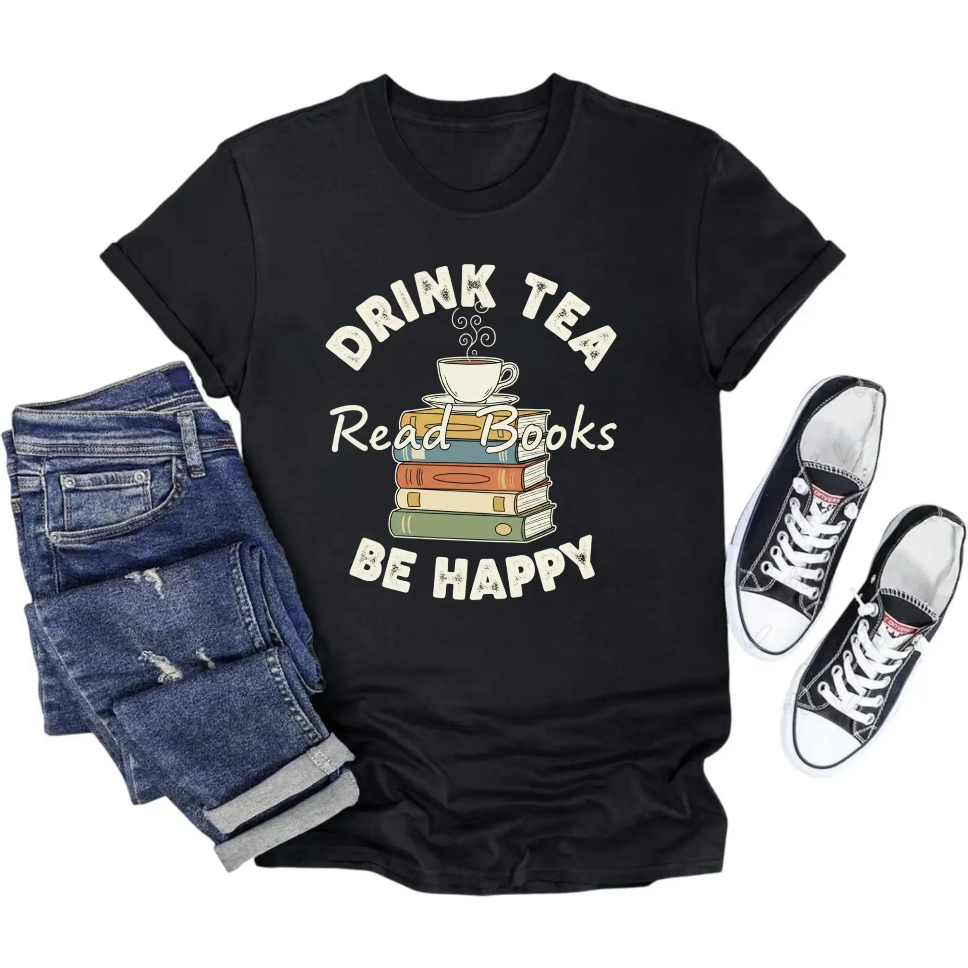 Graphic Tee Drink Tea Read Books Be Happy Quote Shirt Casual Unisex Cotton Blend Crew Neck Apparel Top for Everyday