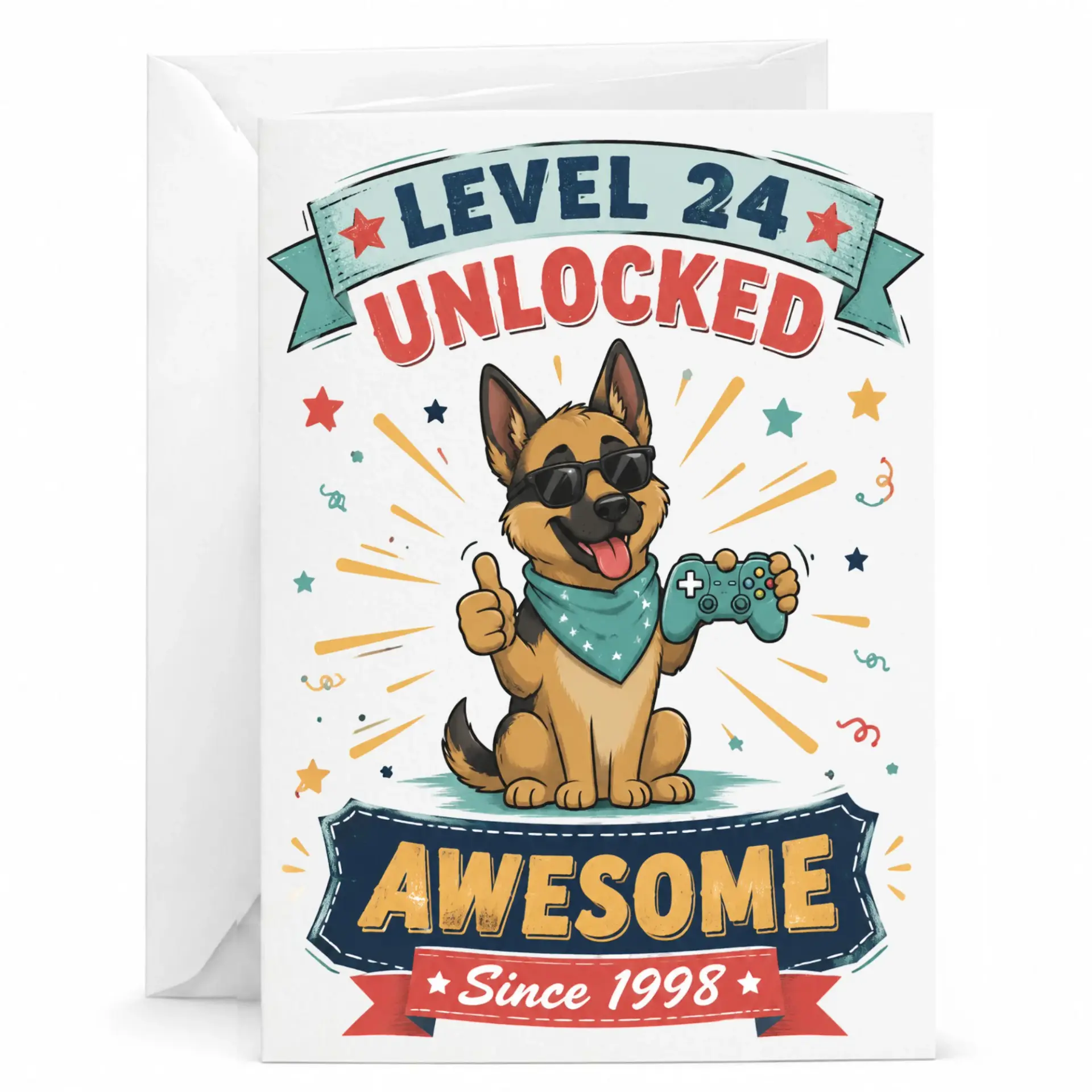 Funny Gaming Birthday Card Level 24 Unlocked Awesome Since 1998 Greeting Card for Gamer Enthusiasts 5x7 Inch Note