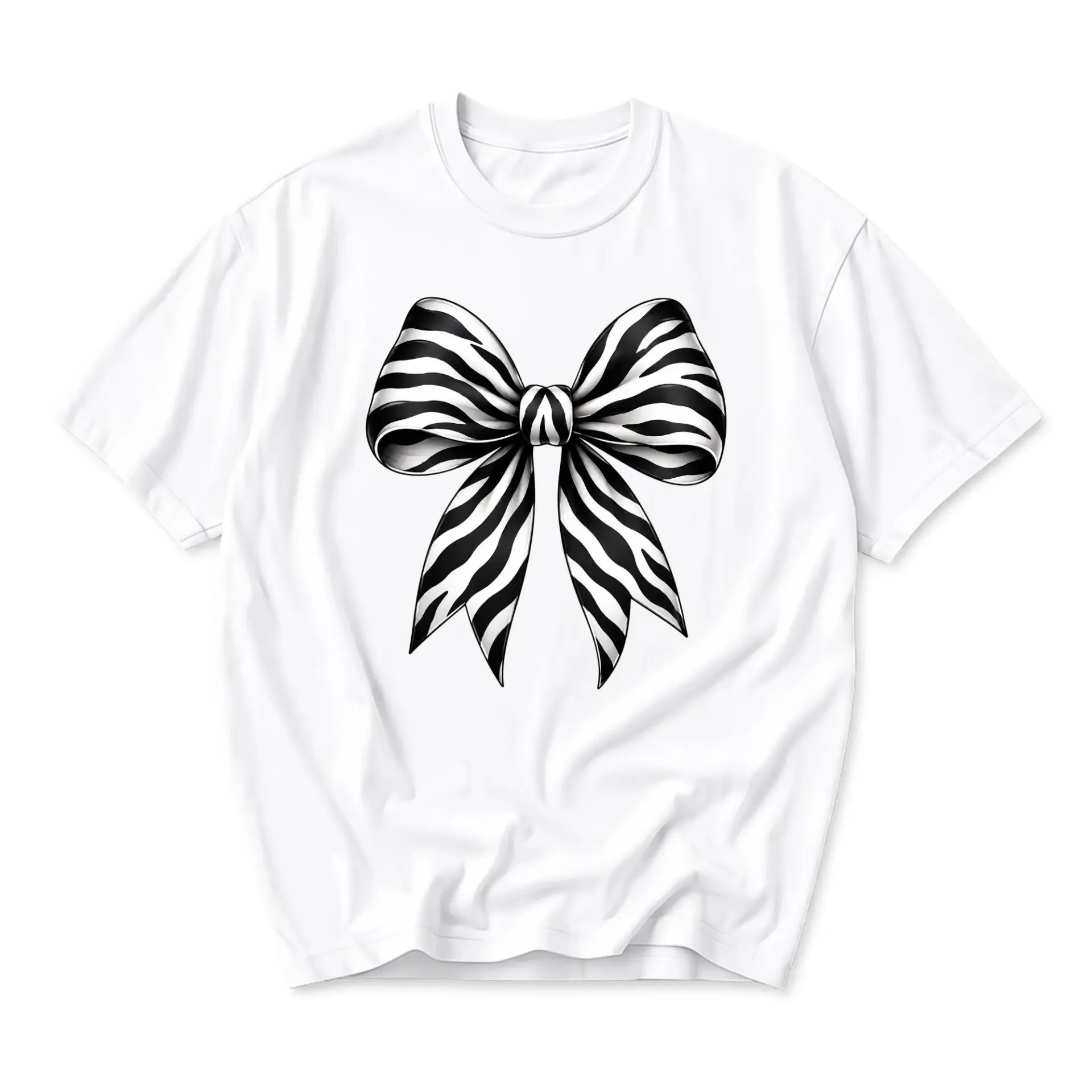 Graphic Tee Unisex Crew Neck Short Sleeve Shirt Featuring Large Black and White Zebra Pattern Ribbon Bow Print