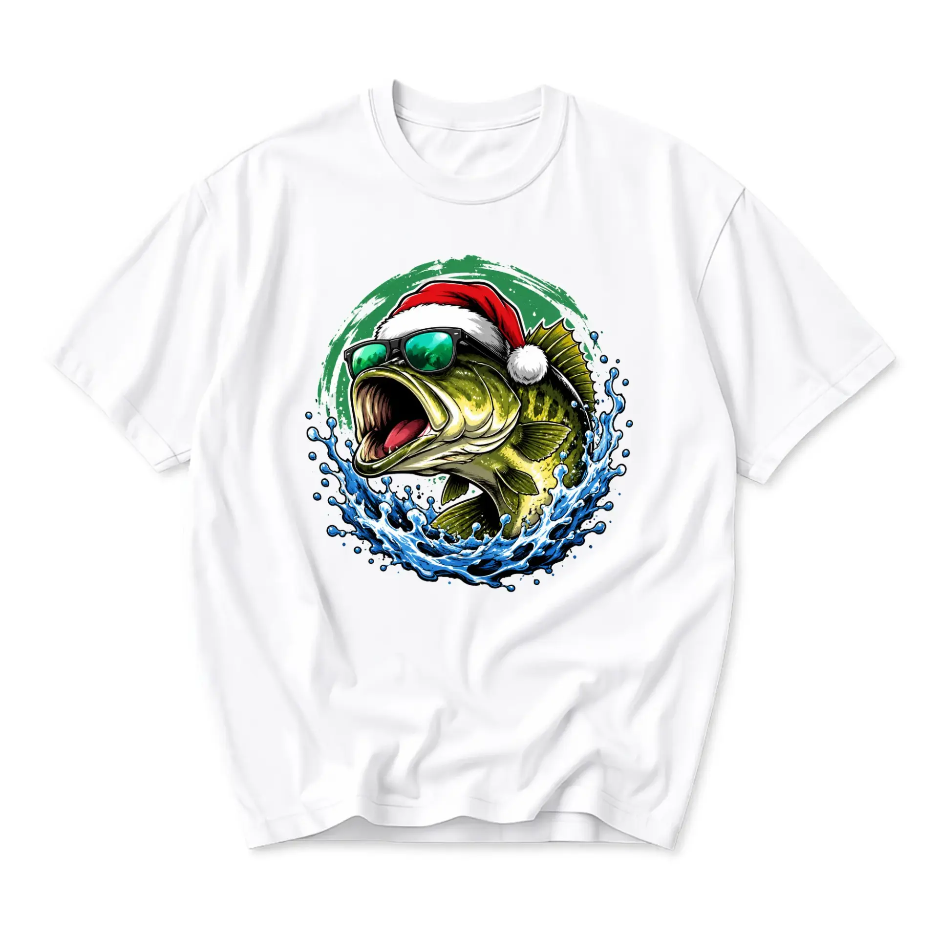 Graphic Tee Fish Wearing Christmas Santa Hat and Sunglasses Fun Holiday