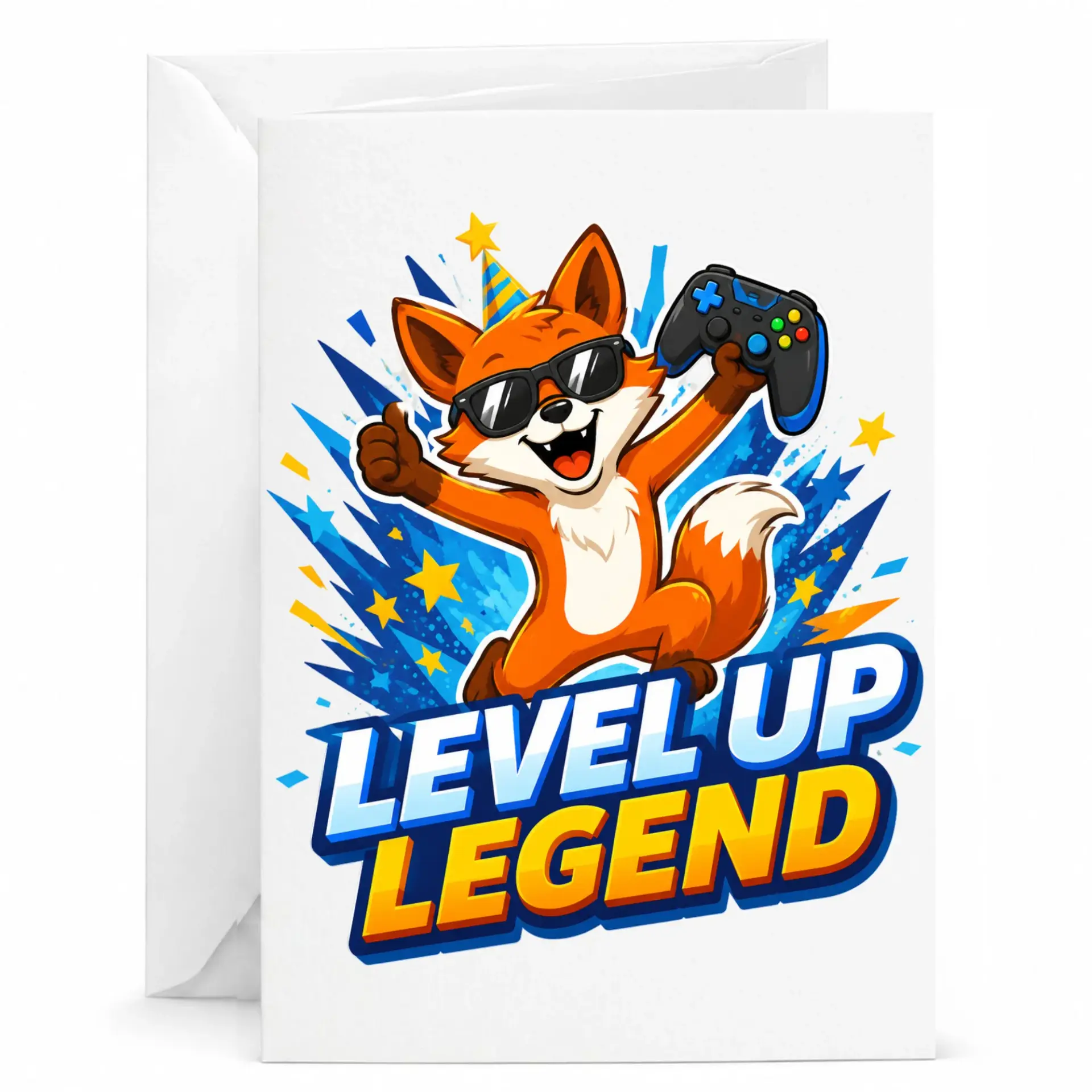 Birthday Card Funny Gaming Fox Greeting Card for Gamers Level up Legend Design for Birthday Celebration or Milestone